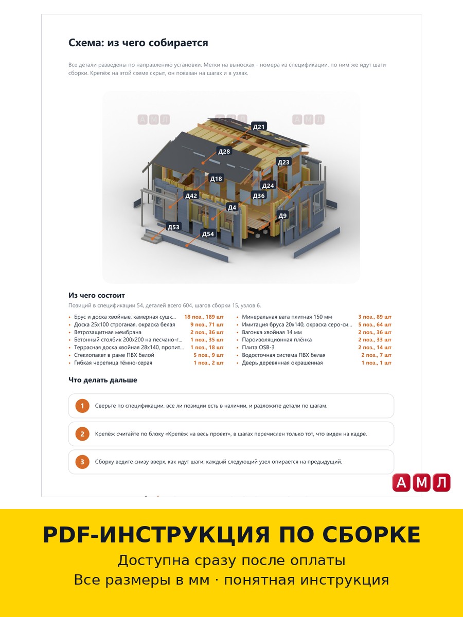 Премиум проект чертеж Каркасный одноэтажный дом 6х4 метров построить