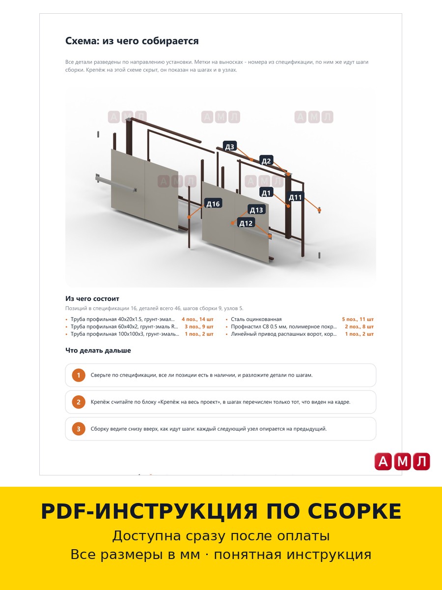 Проект чертеж ворота распашные 4 метра из профильной трубы