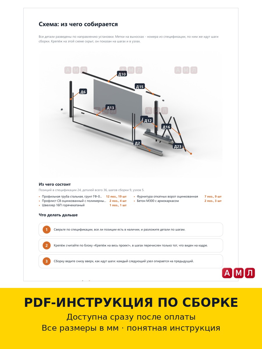 Проект чертеж откатные ворота 3 метра из профильной трубы