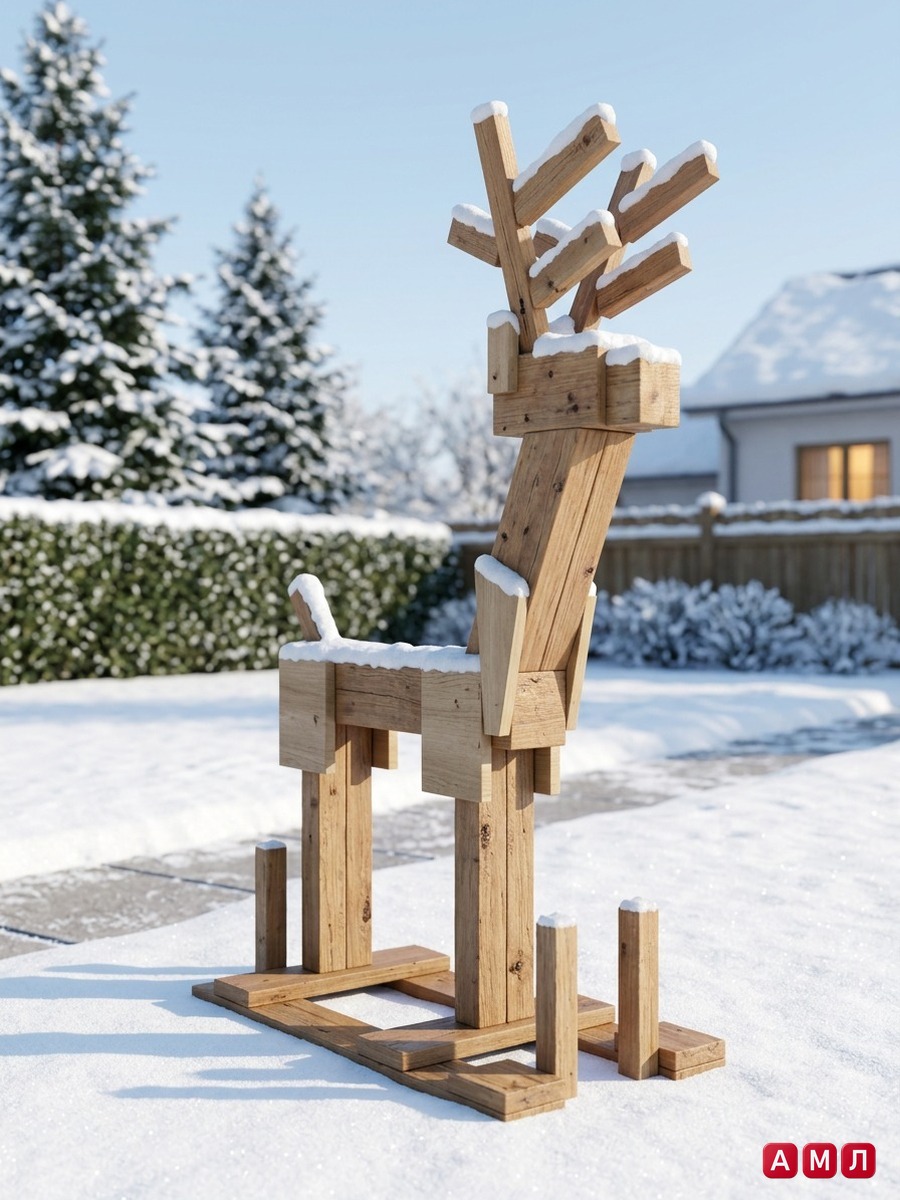 Уличный новогодний олень из бруса и реек 80x40x120
