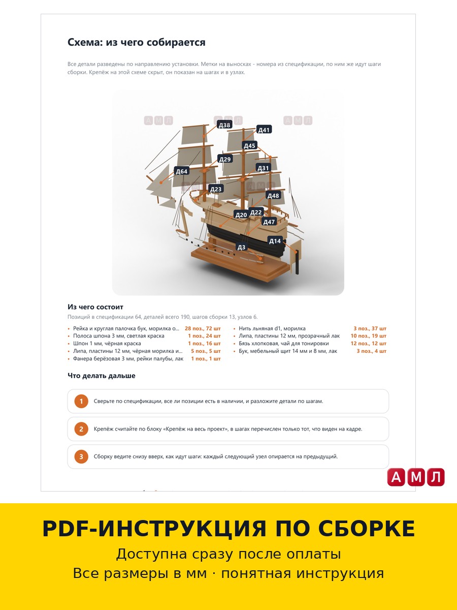 Премиум проект чертеж модель парусный корабль деревянный макет