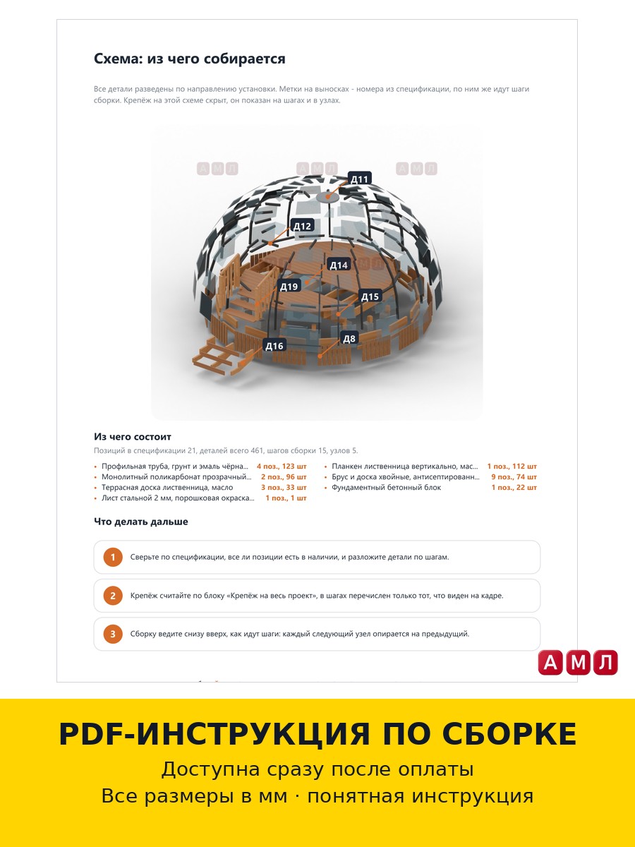 Премиум проект чертеж Kупoльная бесeдка прозрачная из поликарбоната шатер построить