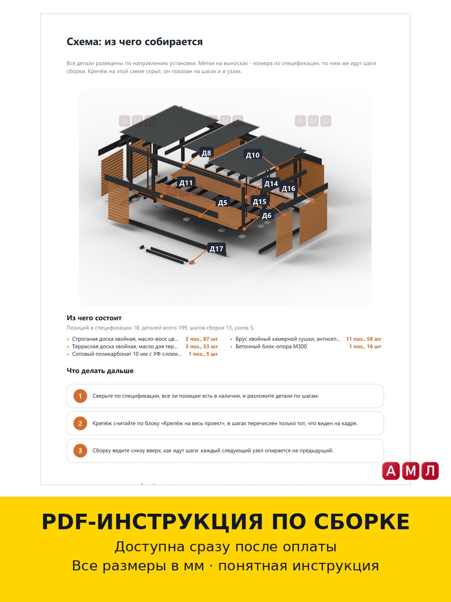 Проект чертеж Беседка-навес с односкатной крышей 5х3 метра