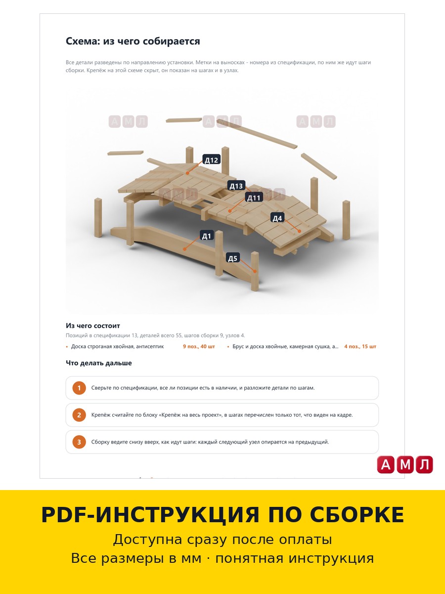 Проект чертеж декоративный мостик через канаву на дачу