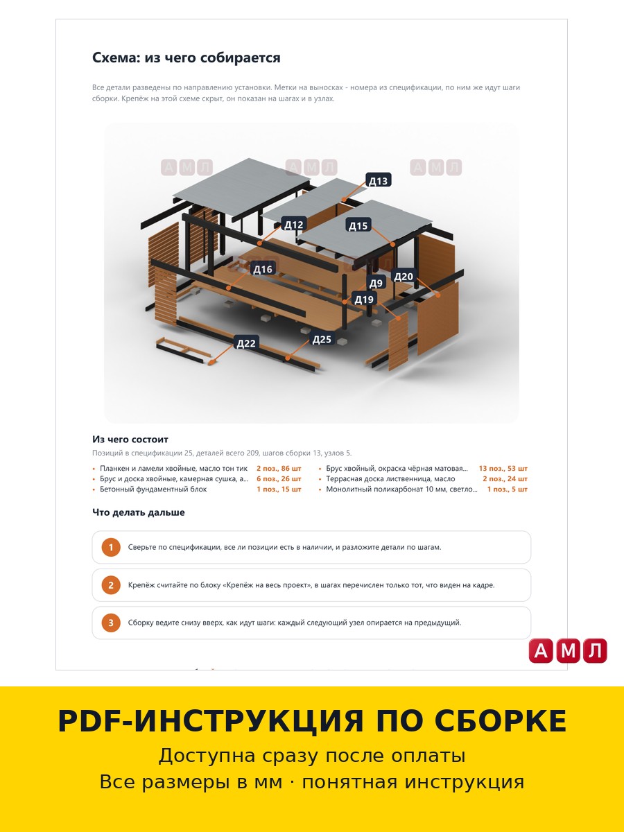Премиум проект чертеж Беседка-навес с односкатной крышей 5х3 метра построить