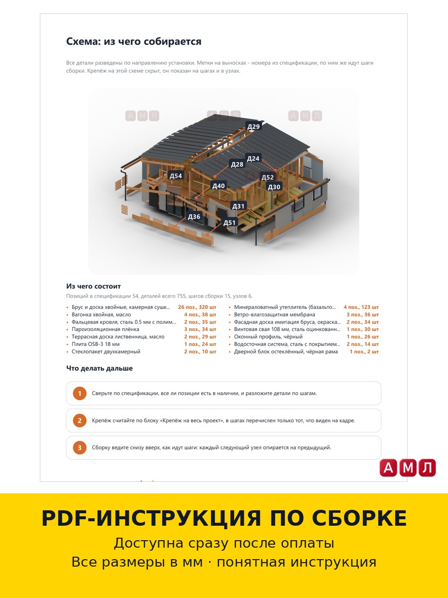 Премиум проект чертеж Каркасный одноэтажный дом 9х9 метров построить