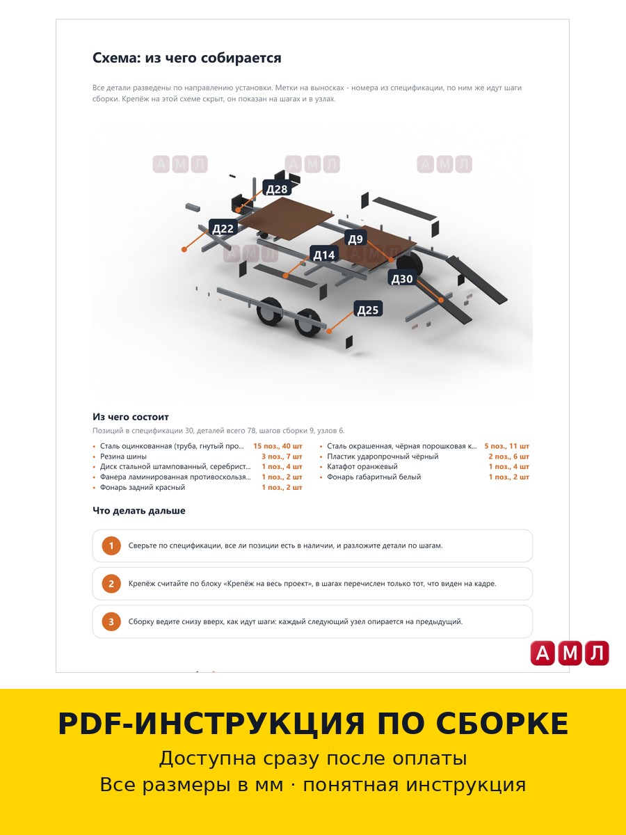Проект чертеж прицеп тележка двухосная для перевозки квадроцикла с заездными трапами