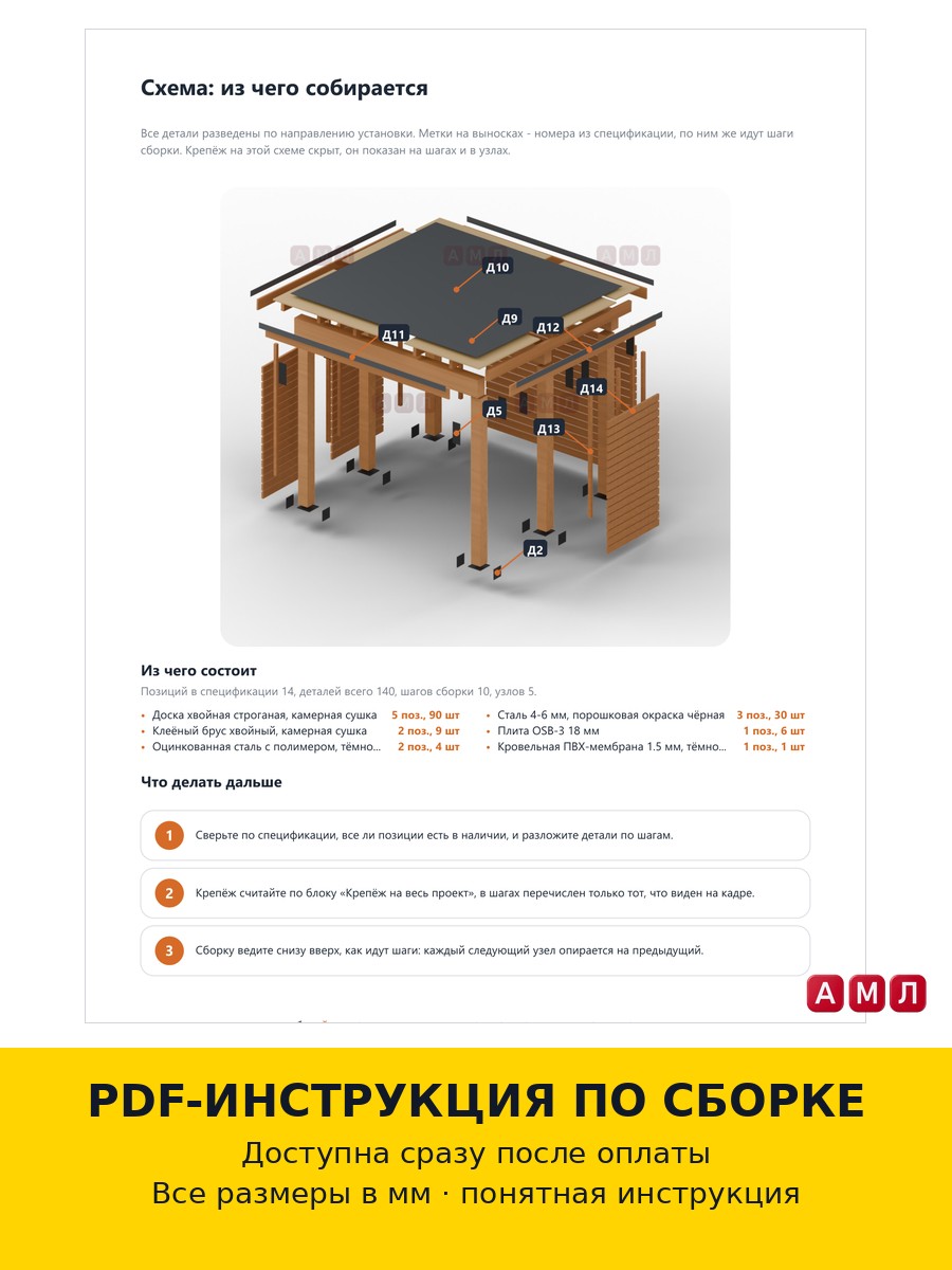 Проект чертеж деревянный навес для машины 3х3 метра
