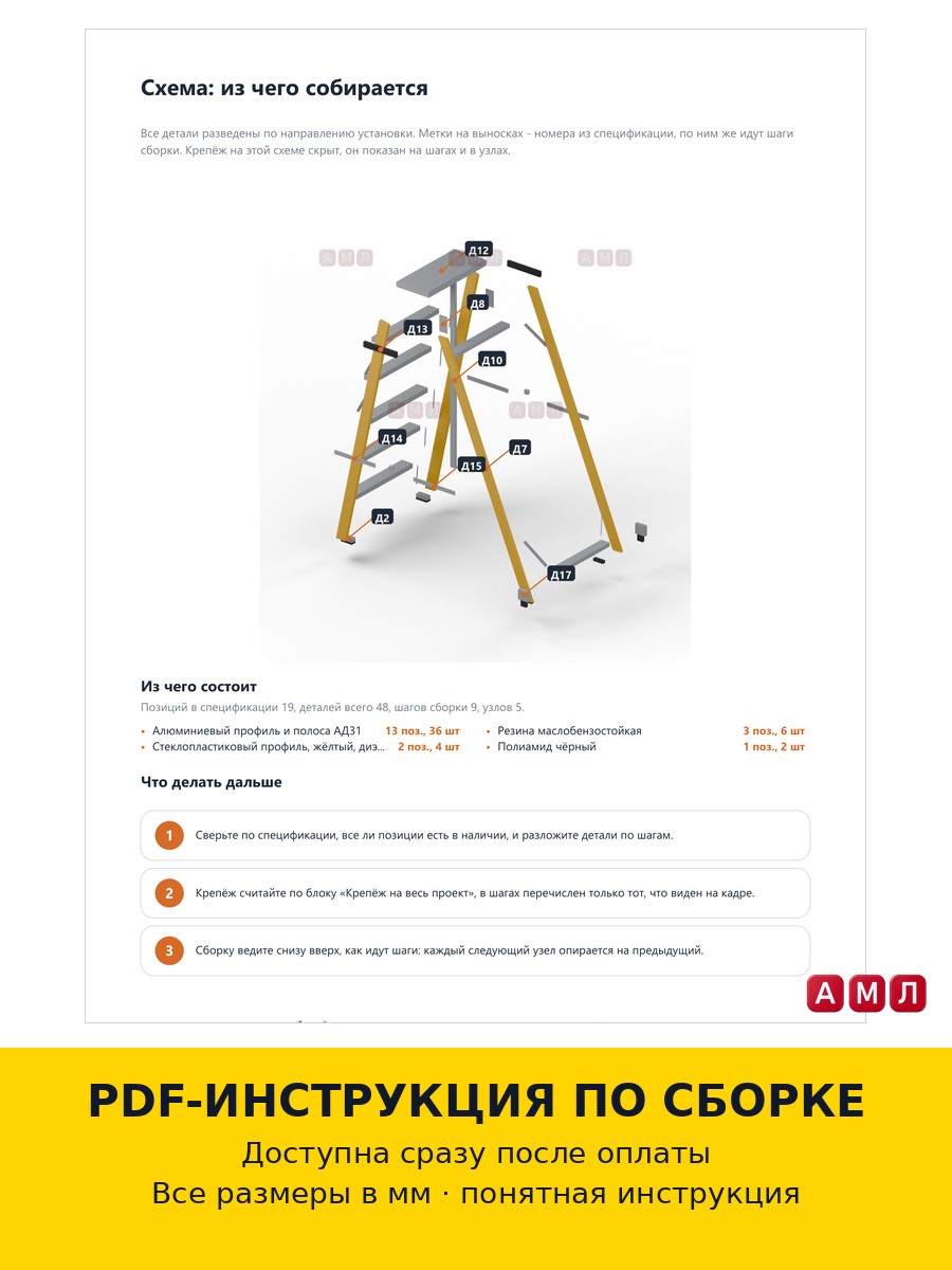 Премиум проект чертеж Стремянка-лестница 1.7 метра алюминиевая двухсторонняя 6 ступеней раскладная сделать