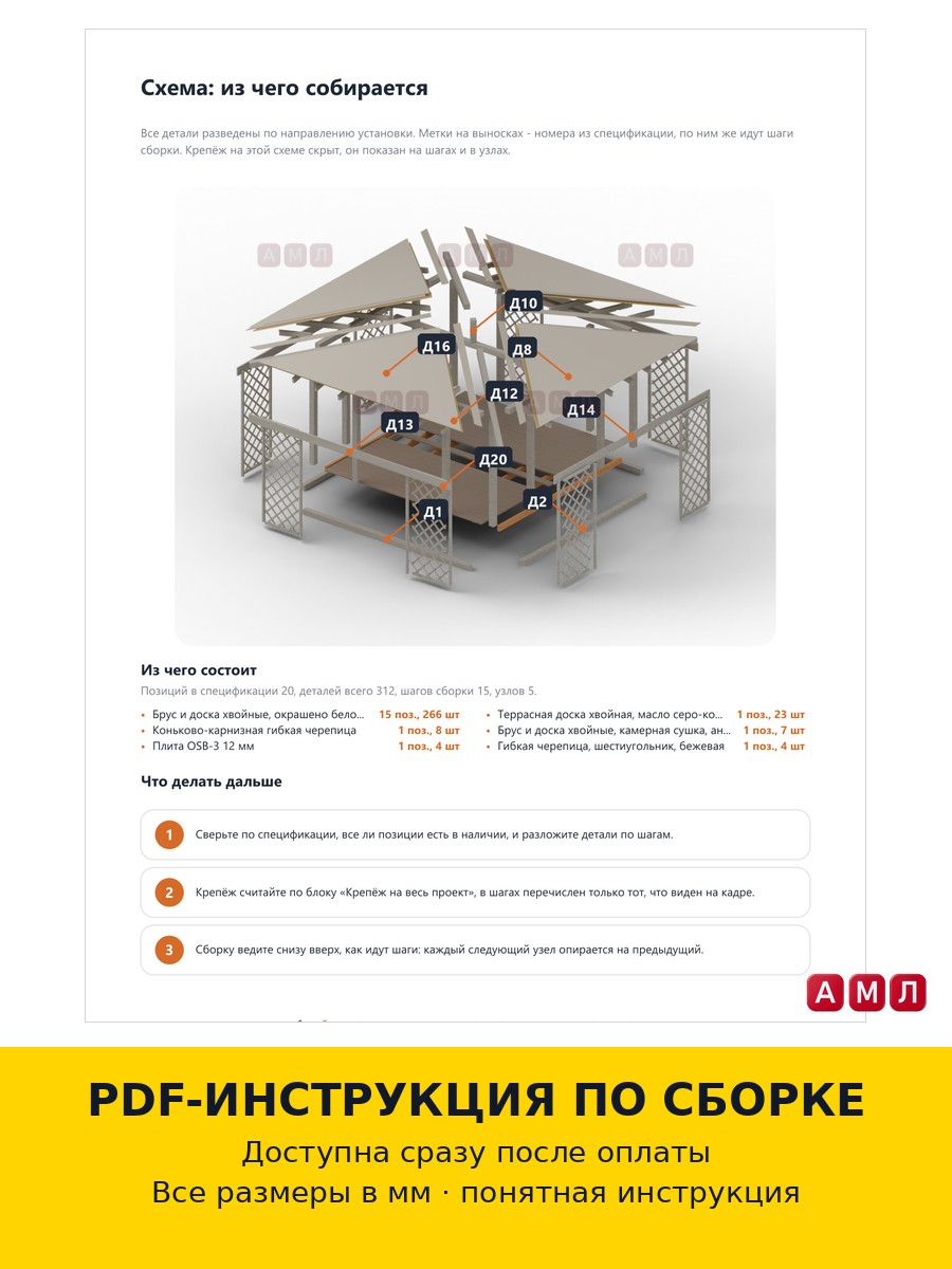 Премиум проект чертеж Беседка из дерева 3,5 метра из дерева построить