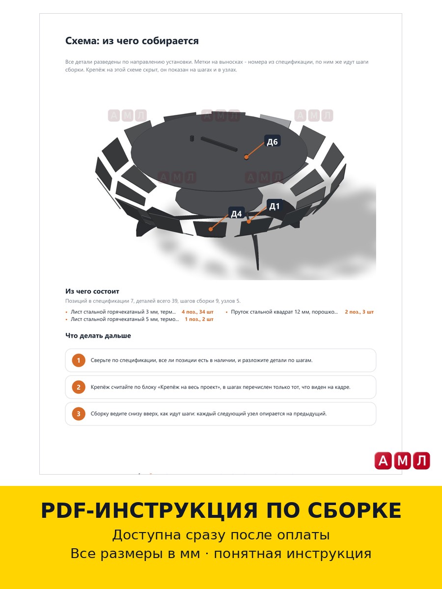 Проект чертеж круглая костровая чаша с крышкой 80см