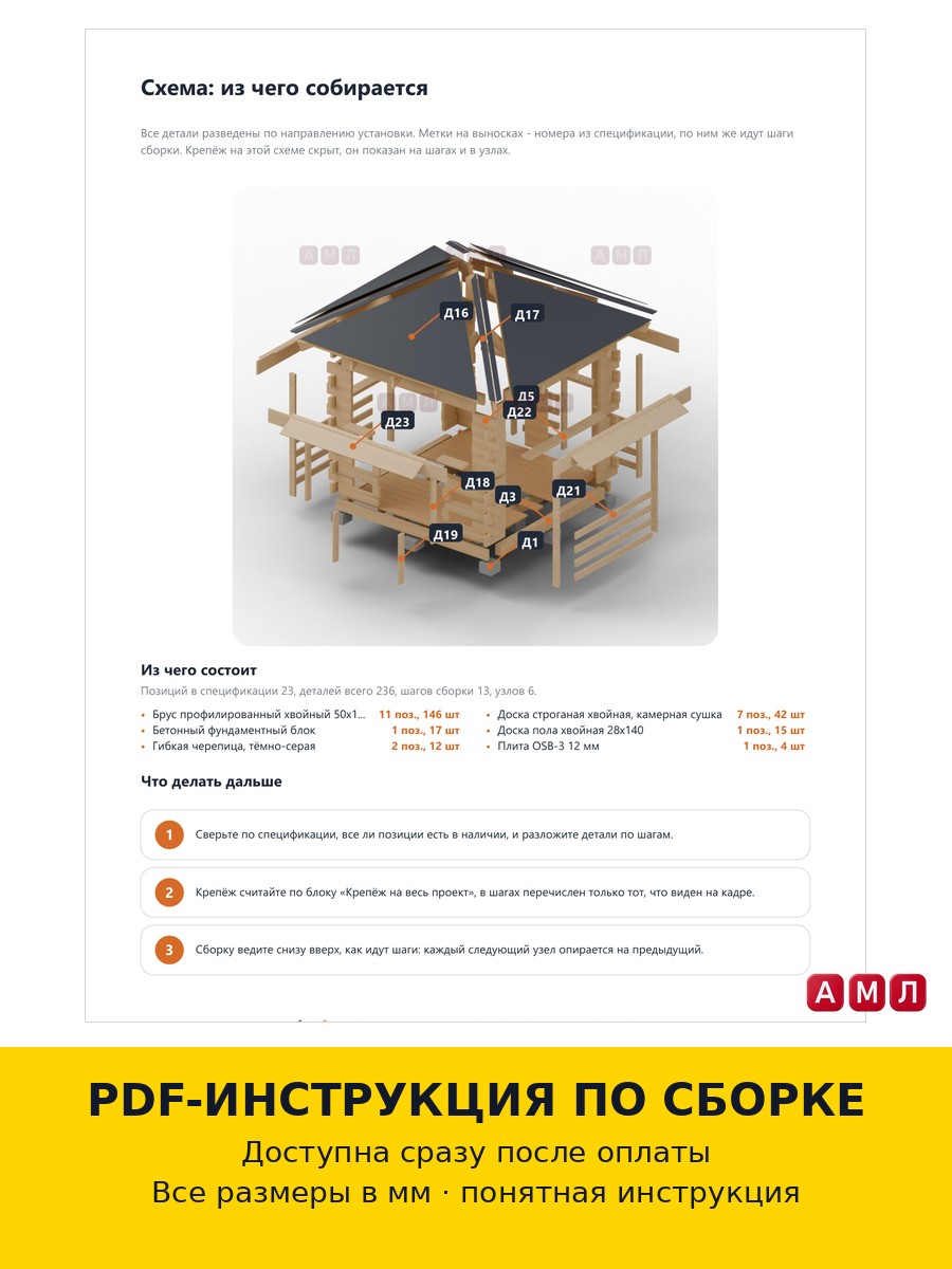 Проект чертеж Беседка садовая деревянная открытая с перилами