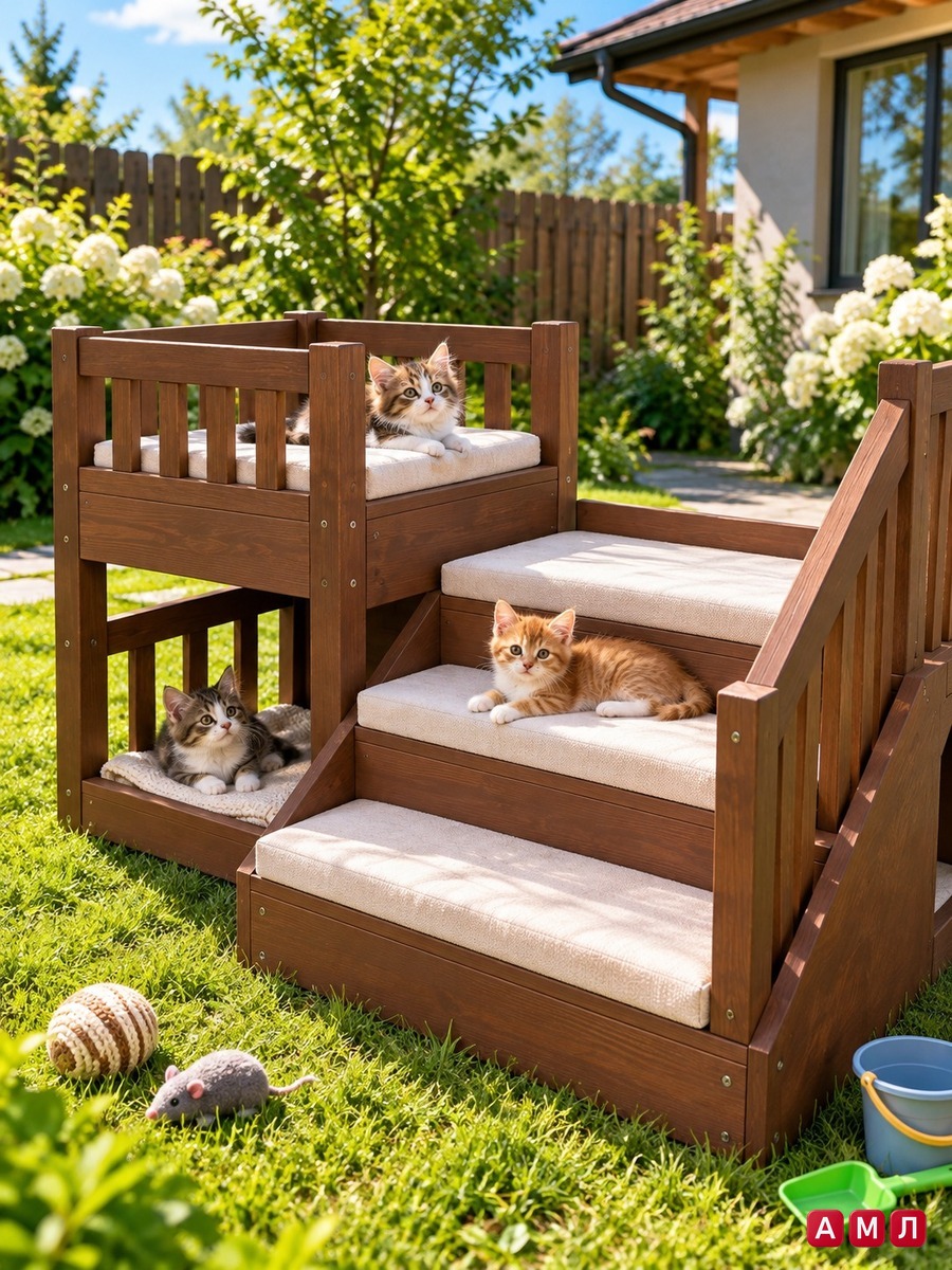 Домик для кошки и котят деревянный двухэтажный