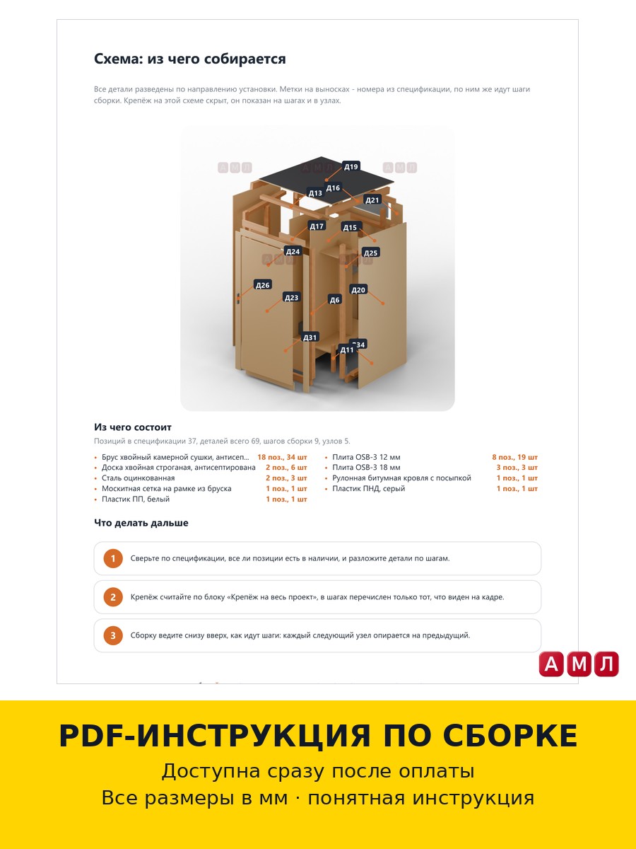 Проект чертеж Уличный туалет 1x1м из OSB панелей- скачать и распечатать чертежи, пошаговая и поэтапная схема сборки 3D