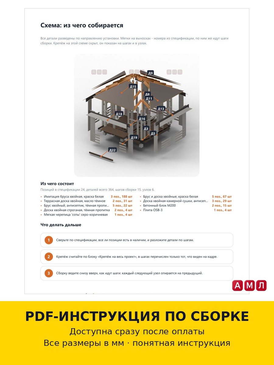 Премиум проект чертеж Классическая деревянная беседка павильон 3x3 метра