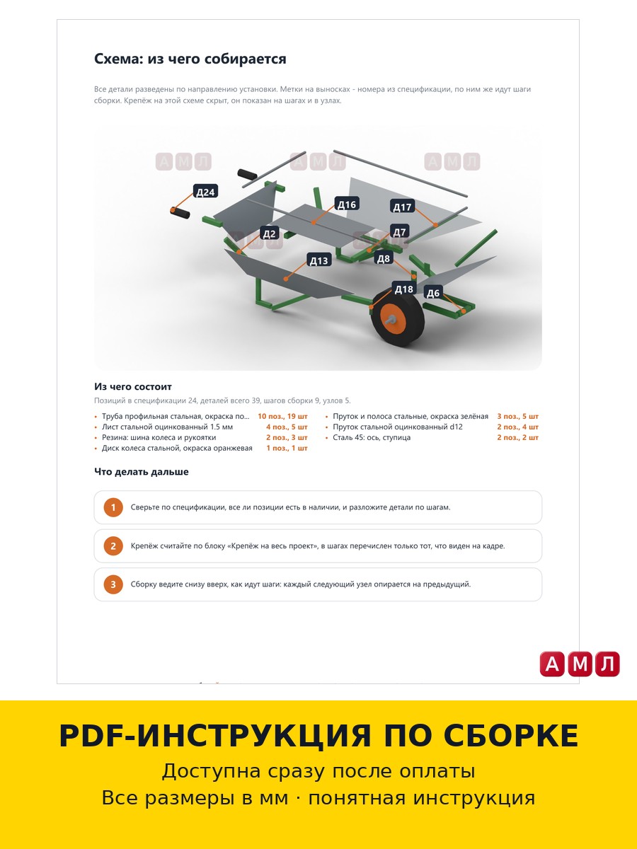 Проект чертеж садовая тачка одноколесная тележка строительная металлическая с рамой