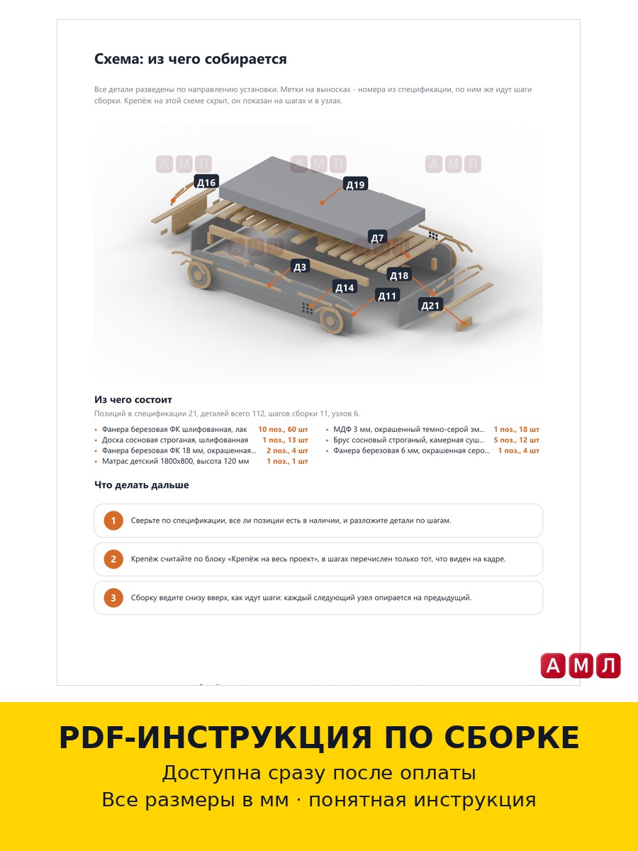 Премиум проект чертеж Детская кровать-машина из дерева
