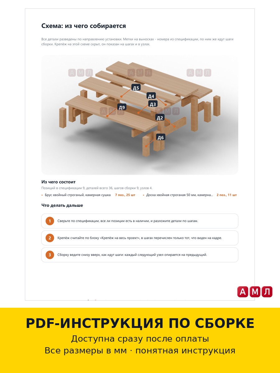 Проект чертеж Деревянный дачный стол с лавками 2x1м