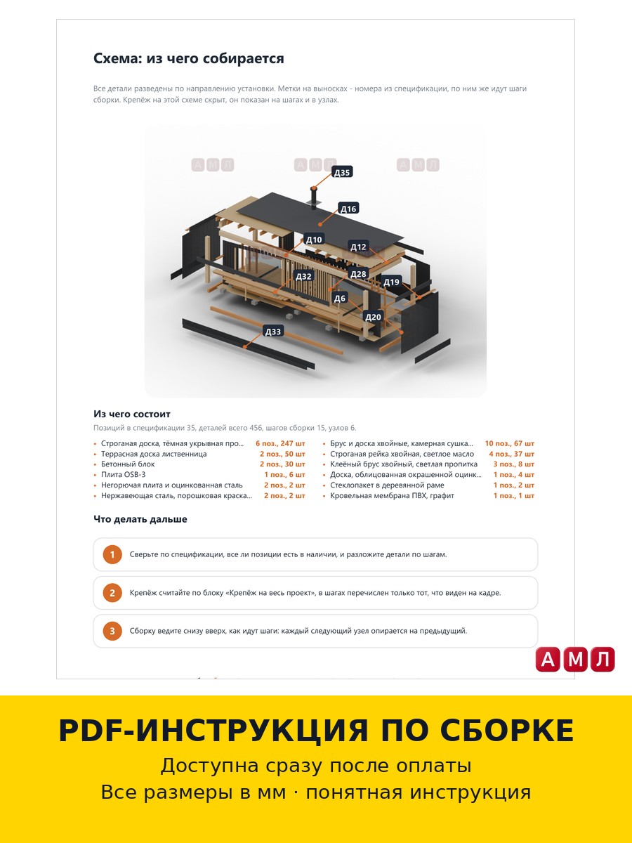 Проект чертеж открытая беседка 7х2.4 м