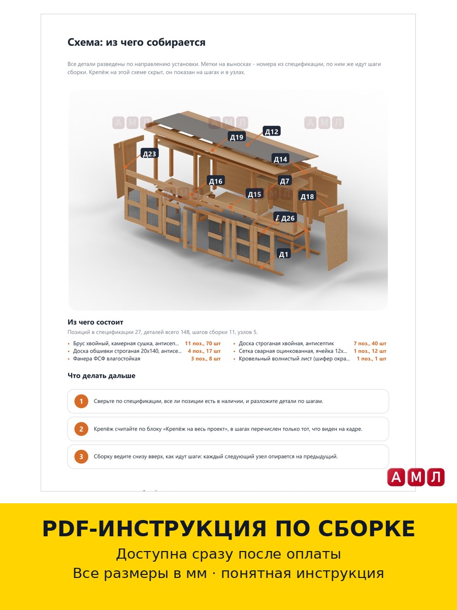 Проект чертеж уличный крольчатник с крышей из дерева клетка