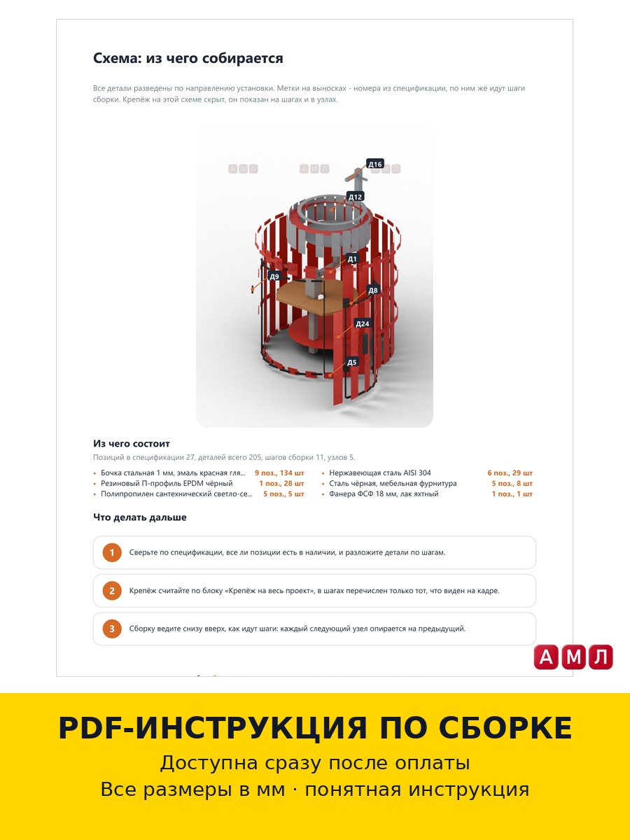 Проект чертеж Бочка металлическая с раковиной для дачи компост
