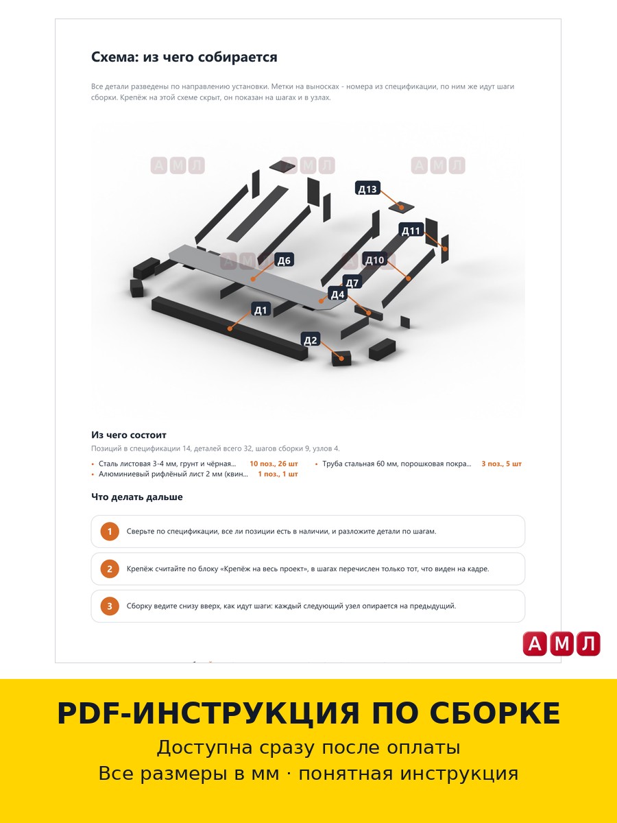 Проект чертеж Силовые пороги подножки плоские на УАЗ Фермер