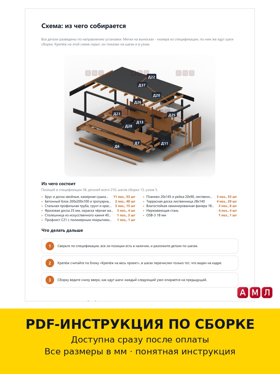 Проект чертеж летняя кухня с беседкой 5х3.5 метра