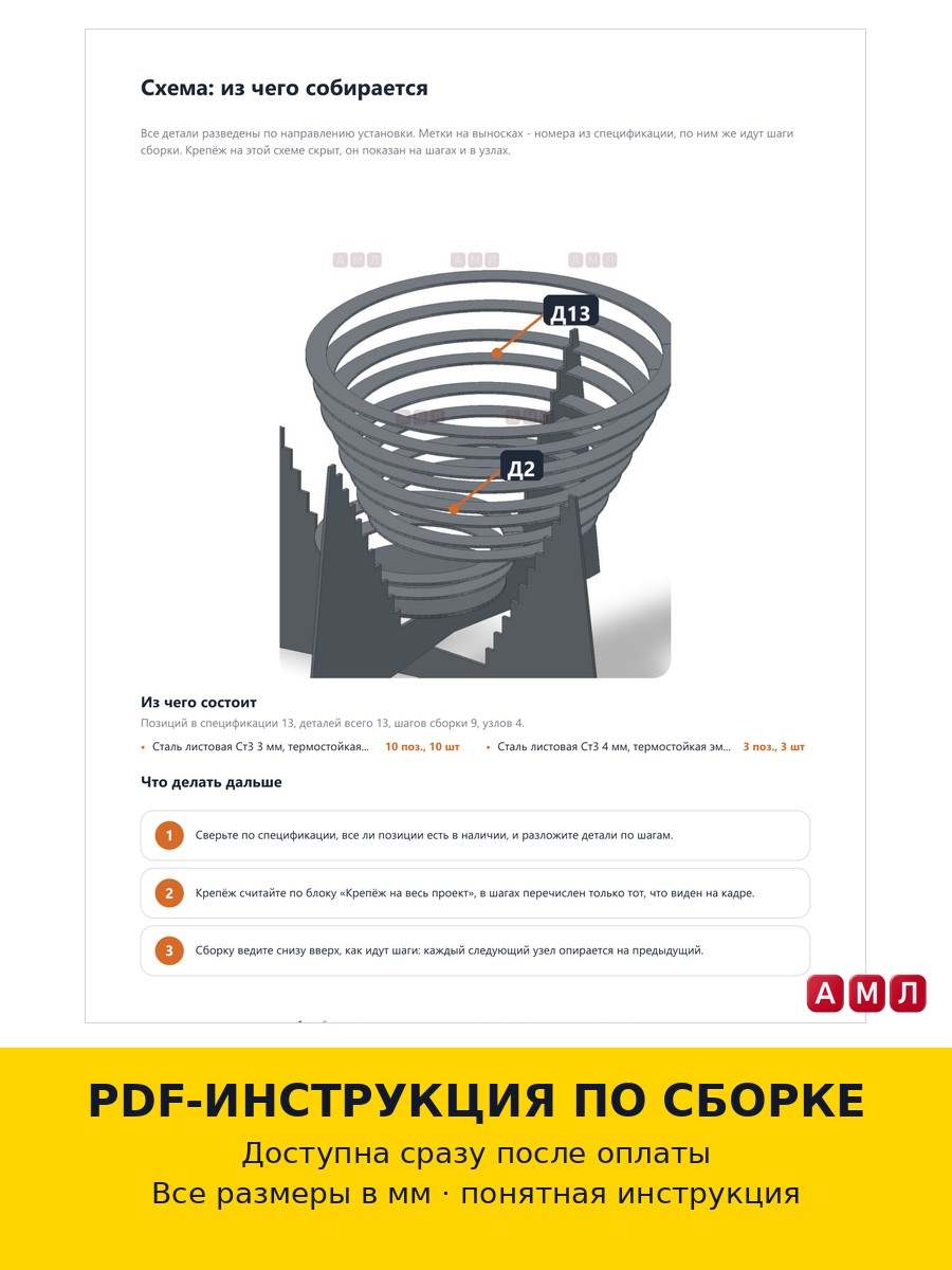 Проект чертеж стальная костровая чаша 50 см. на ножах