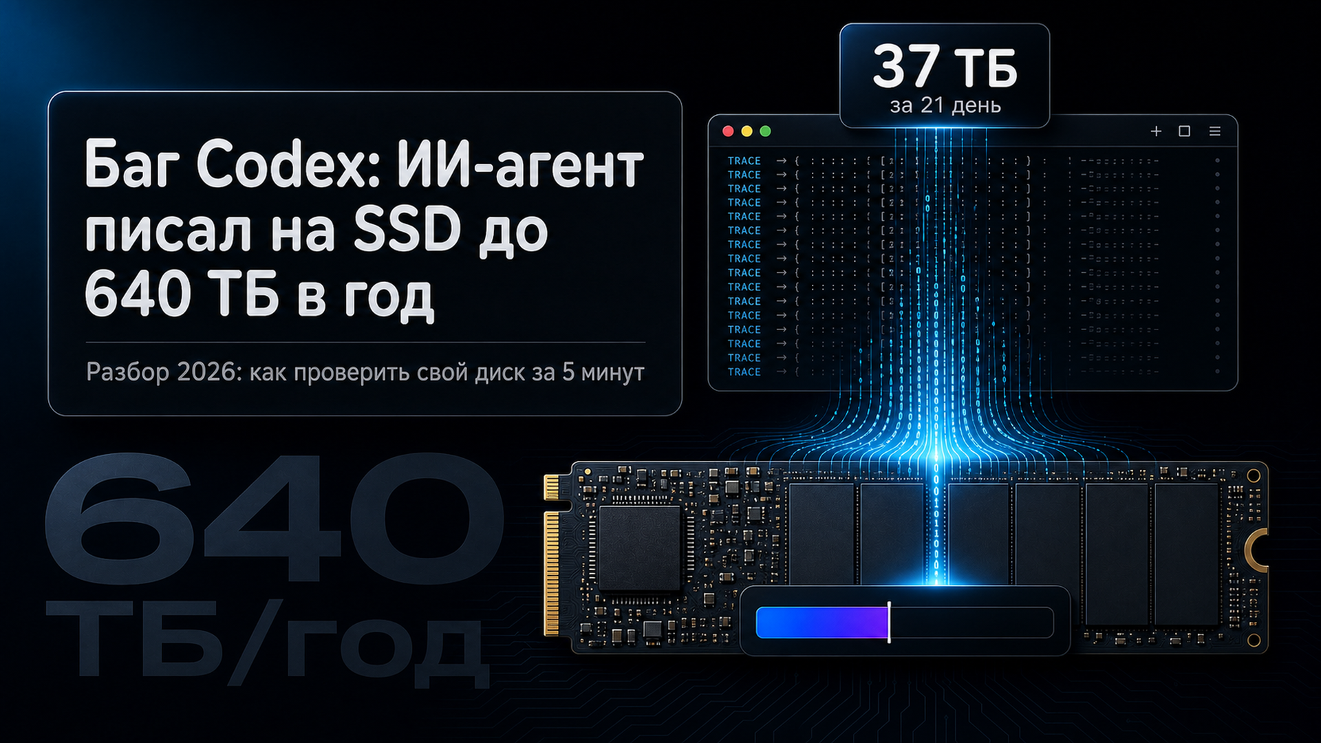 Обложка статьи: Баг Codex: ИИ-агент писал на SSD до 640 ТБ в год - разбор 2026