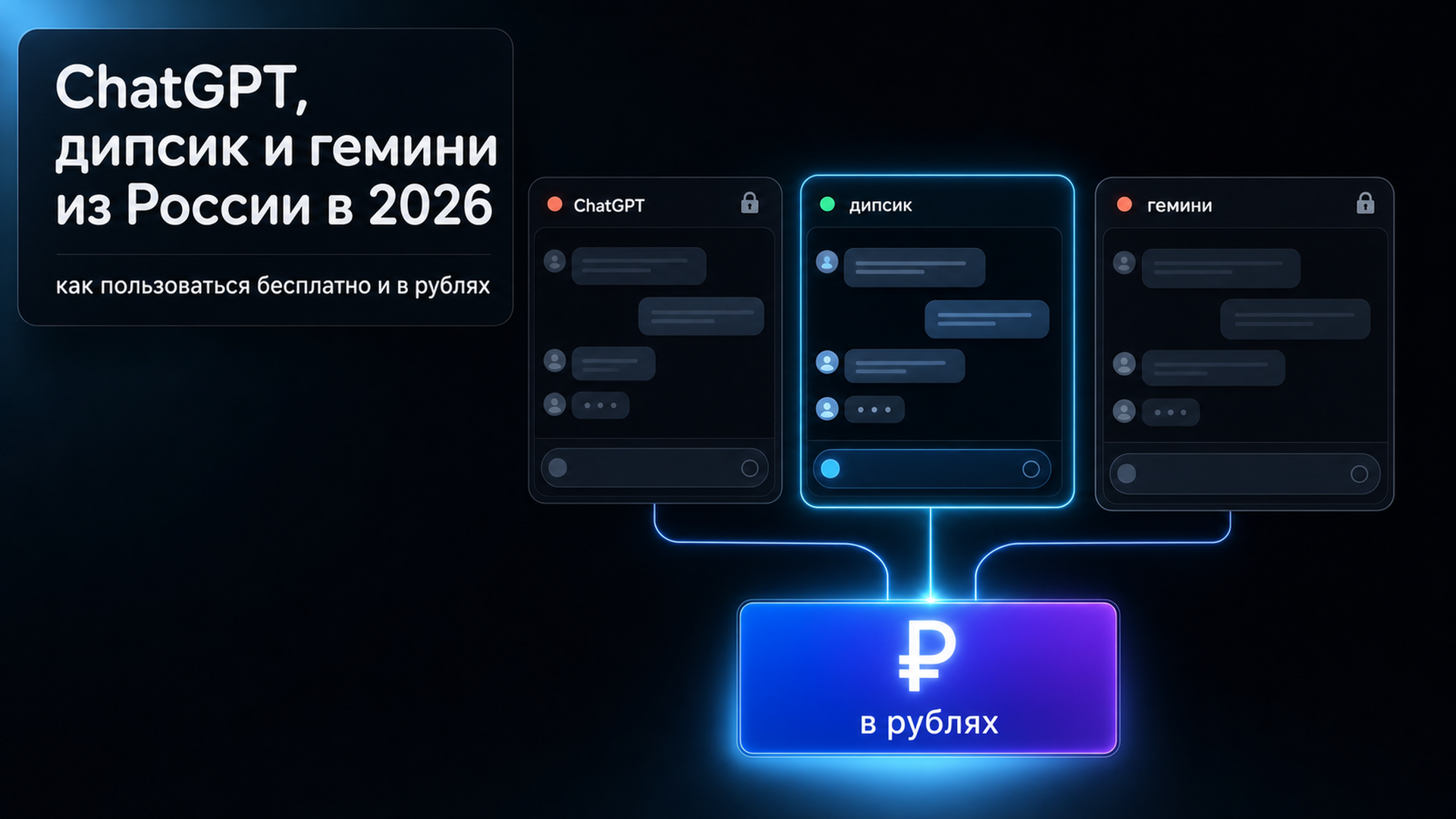 Обложка статьи: ChatGPT, дипсик и гемини из России в 2026: как пользоваться топовыми нейросетями бесплатно и в рублях