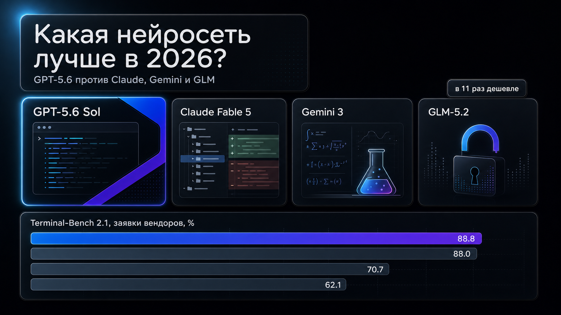 Обложка статьи: Какая нейросеть лучше в 2026: GPT-5.6, Claude, Gemini или GLM