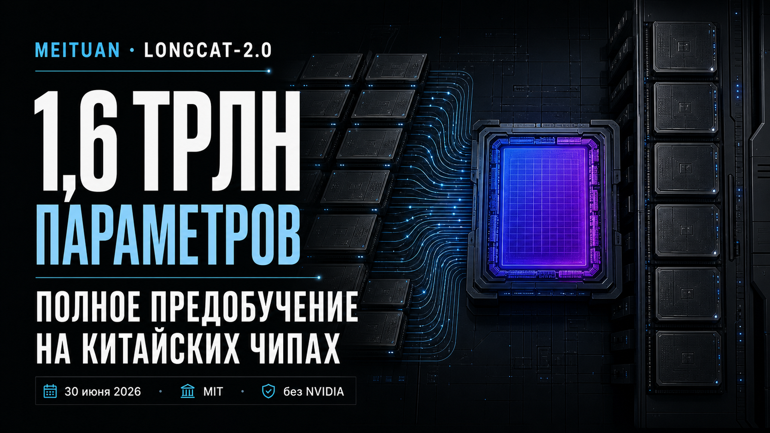Обложка статьи: Meituan обучила модель на 1.6 трлн параметров полностью на китайских чипах — без единого NVIDIA: китайская модель нейросети