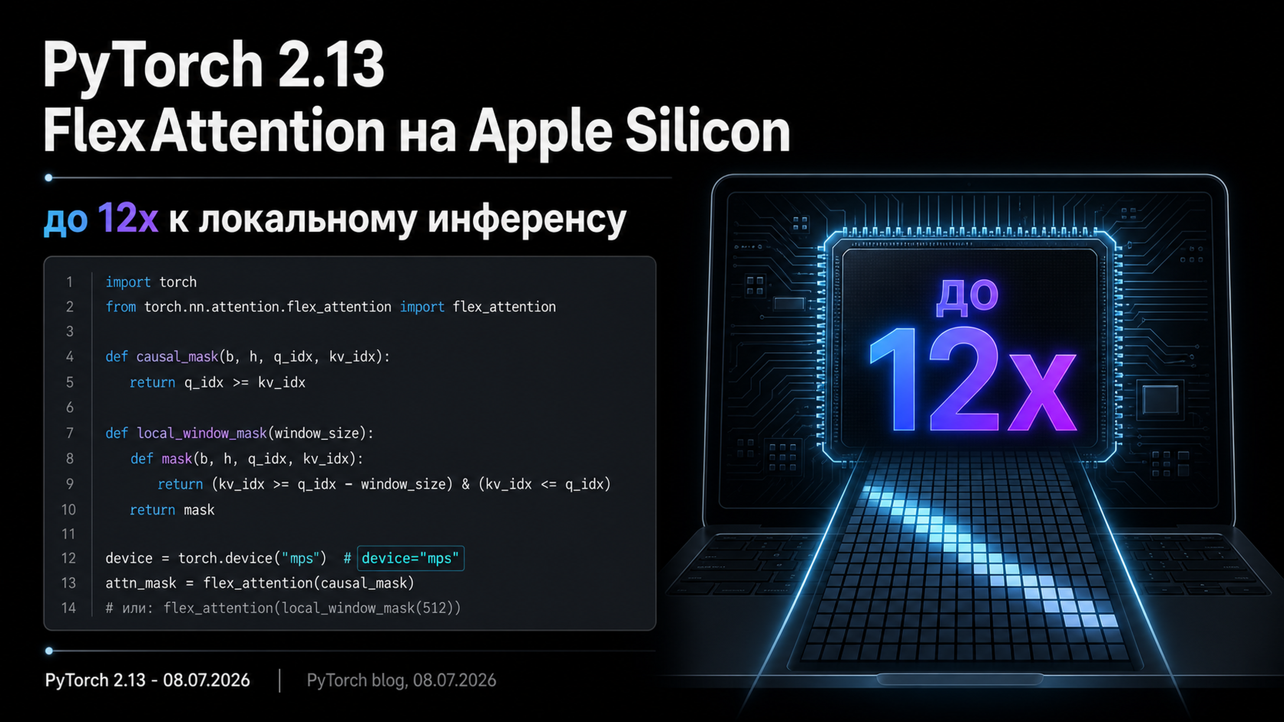 Обложка статьи: PyTorch 2.13 принёс FlexAttention на Apple Silicon с ускорением до 12 раз — и это меняет локальный инференс на Mac: локальный ии