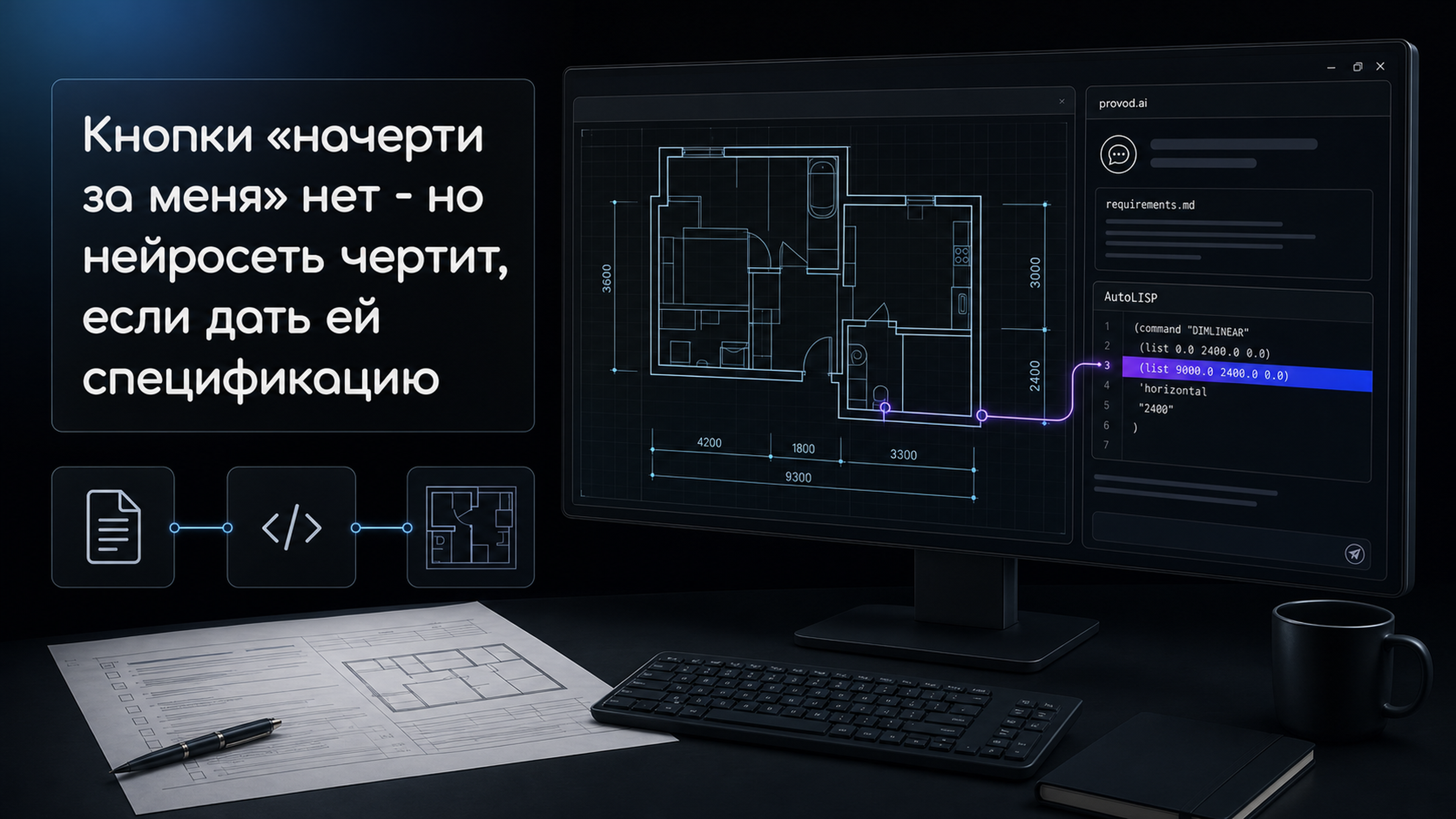 Обложка статьи: нейросеть для чертёж в автокада: сначала requirements.md - spec-driven development