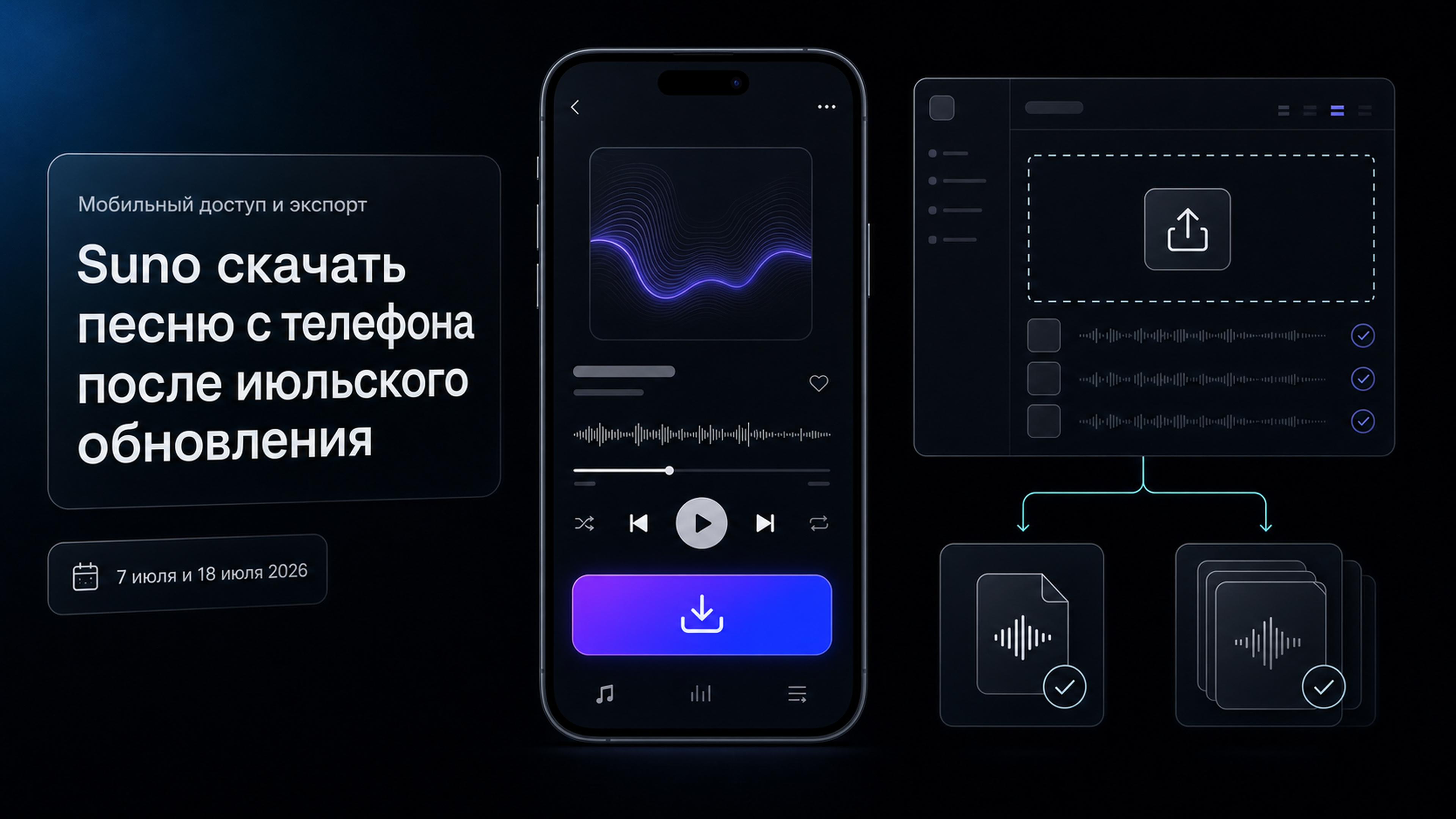 Обложка статьи: Suno скачать песню с телефона после июльского обновления — как проверить экспорт в приложении и вебе