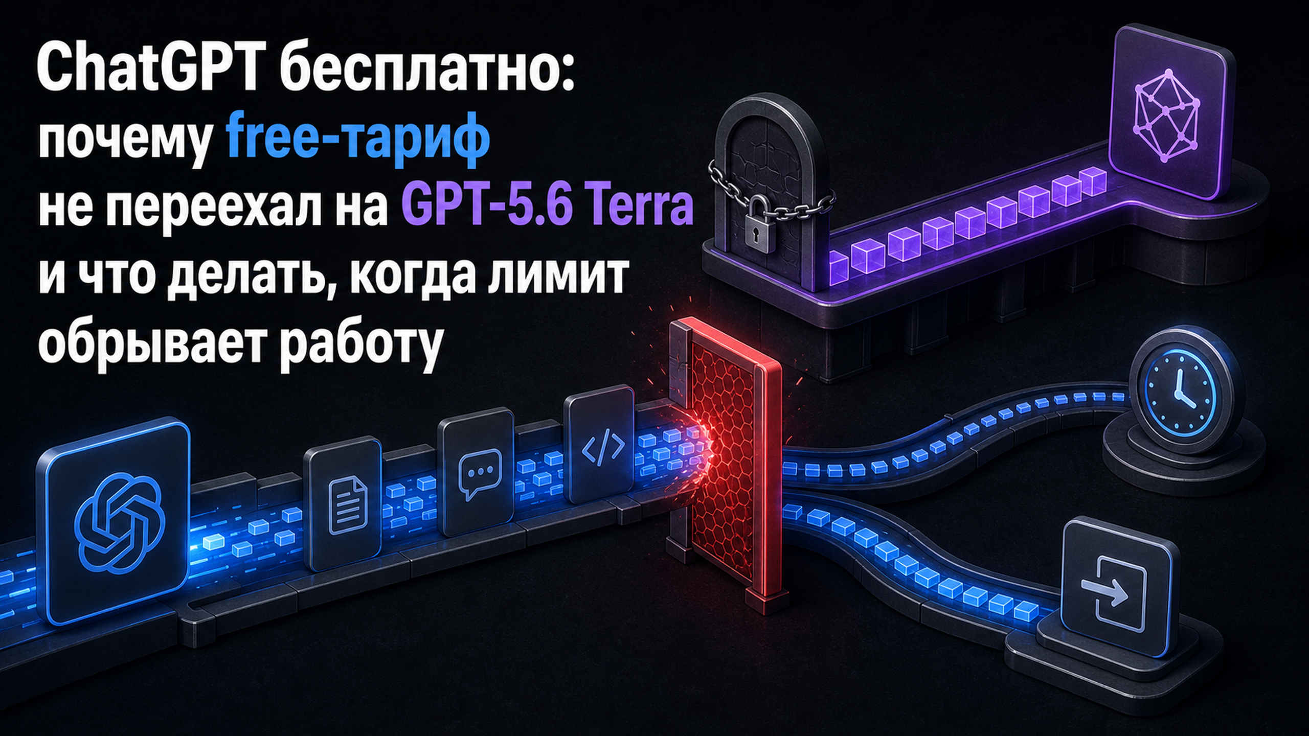 Обложка статьи: ChatGPT бесплатно: почему free-тариф не переехал на GPT-5.6 Terra и что делать, когда лимит обрывает работу