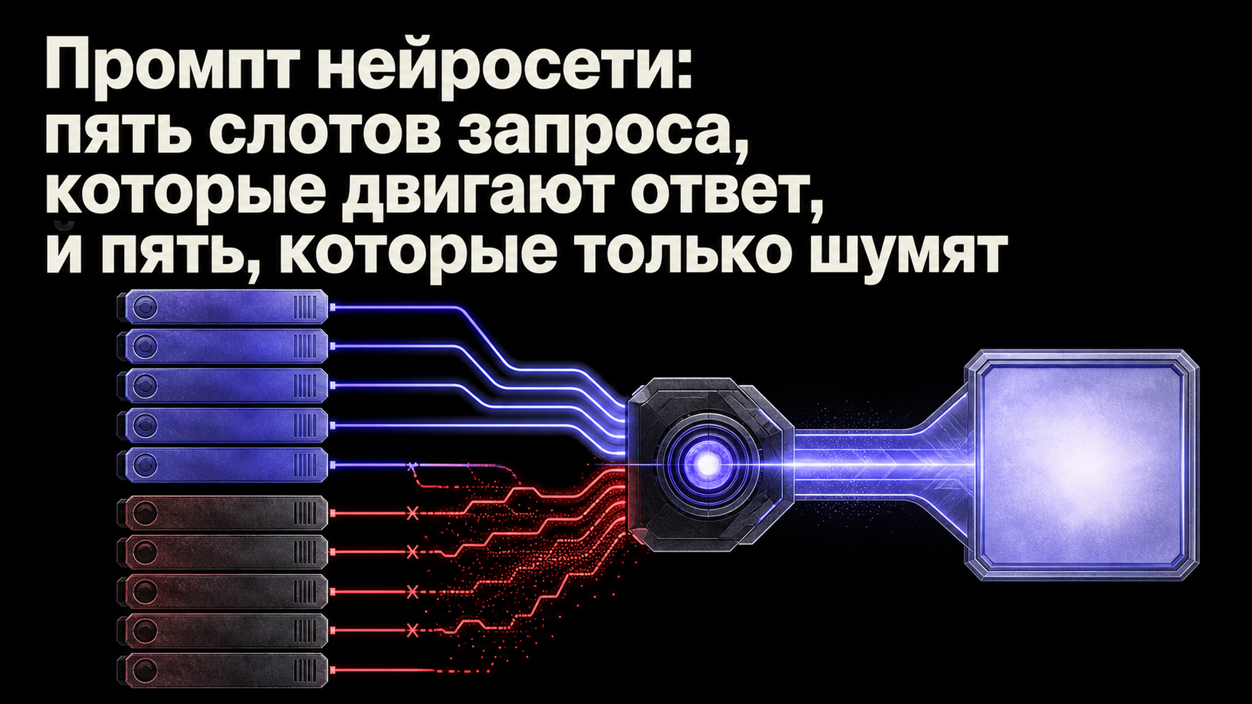 Обложка статьи: Промпт нейросети: пять слотов запроса, которые двигают ответ, и пять, которые только шумят