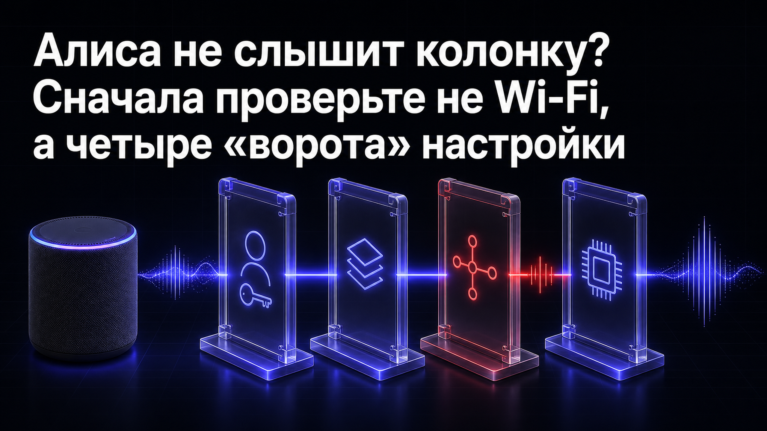 Обложка статьи: Алиса не слышит колонку? Сначала проверьте не Wi-Fi, а четыре «ворота» настройки