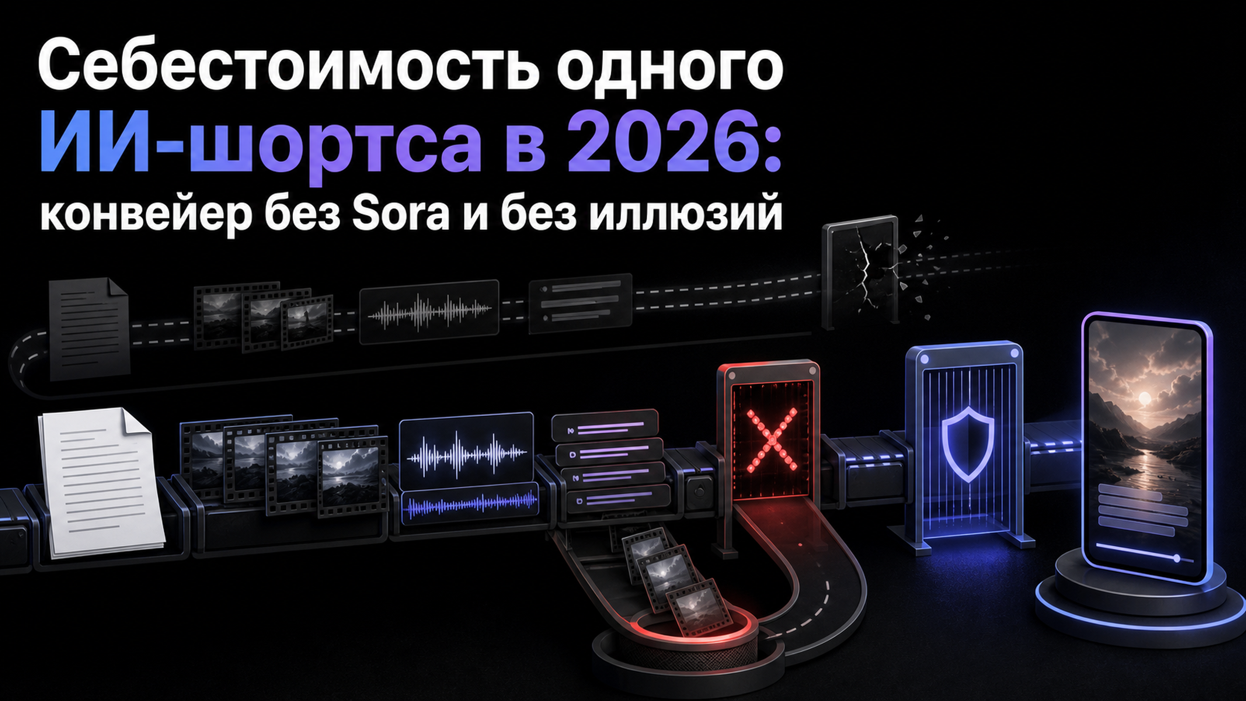 Обложка статьи: Себестоимость одного ИИ-шортса в 2026: конвейер без Sora и без иллюзий