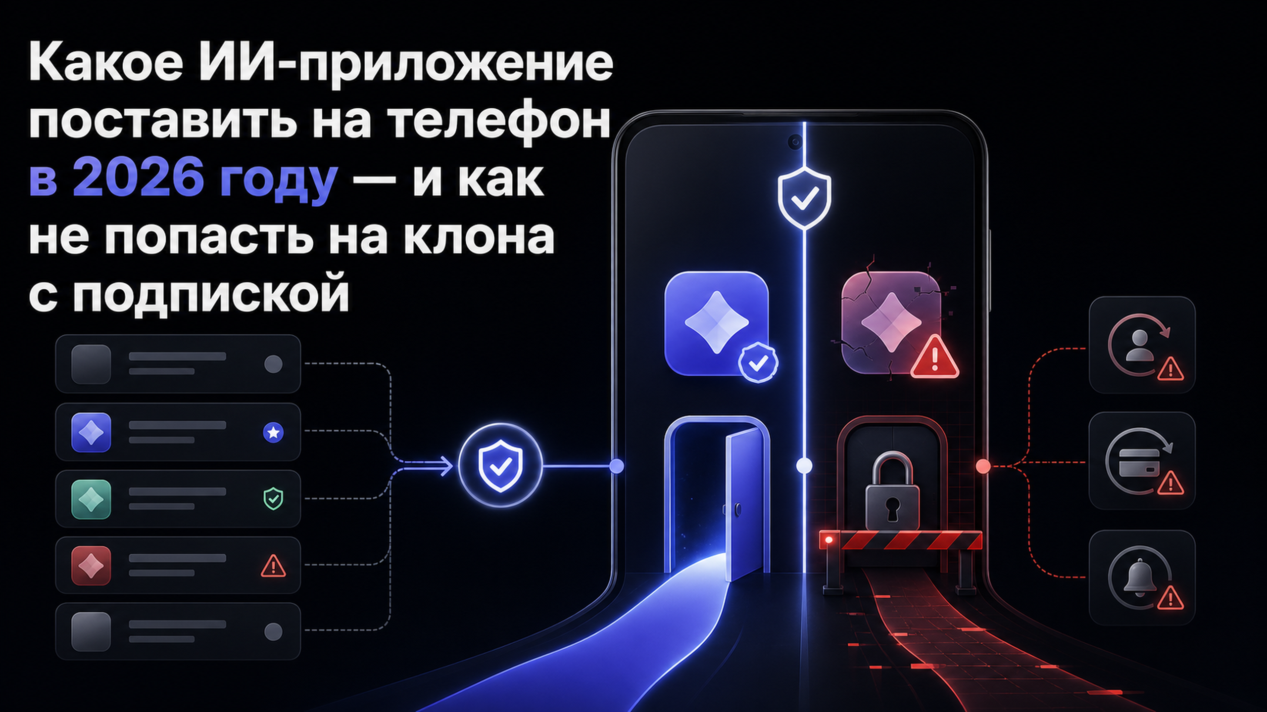 Обложка статьи: Какое ИИ-приложение поставить на телефон в 2026 году — и как не попасть на клона с подпиской