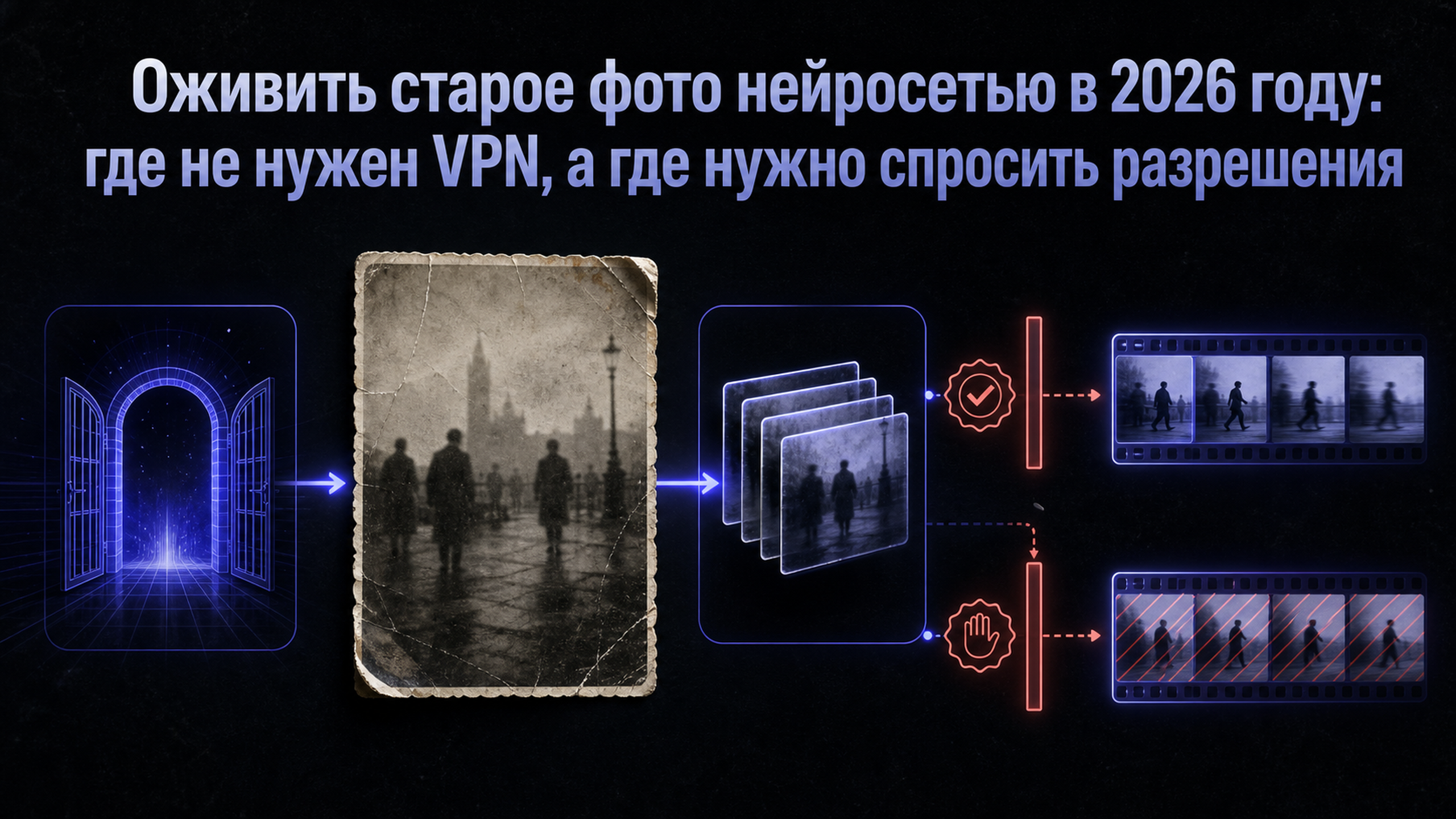 Обложка статьи: Оживить старое фото нейросетью в 2026 году: где не нужен VPN, а где нужно спросить разрешения