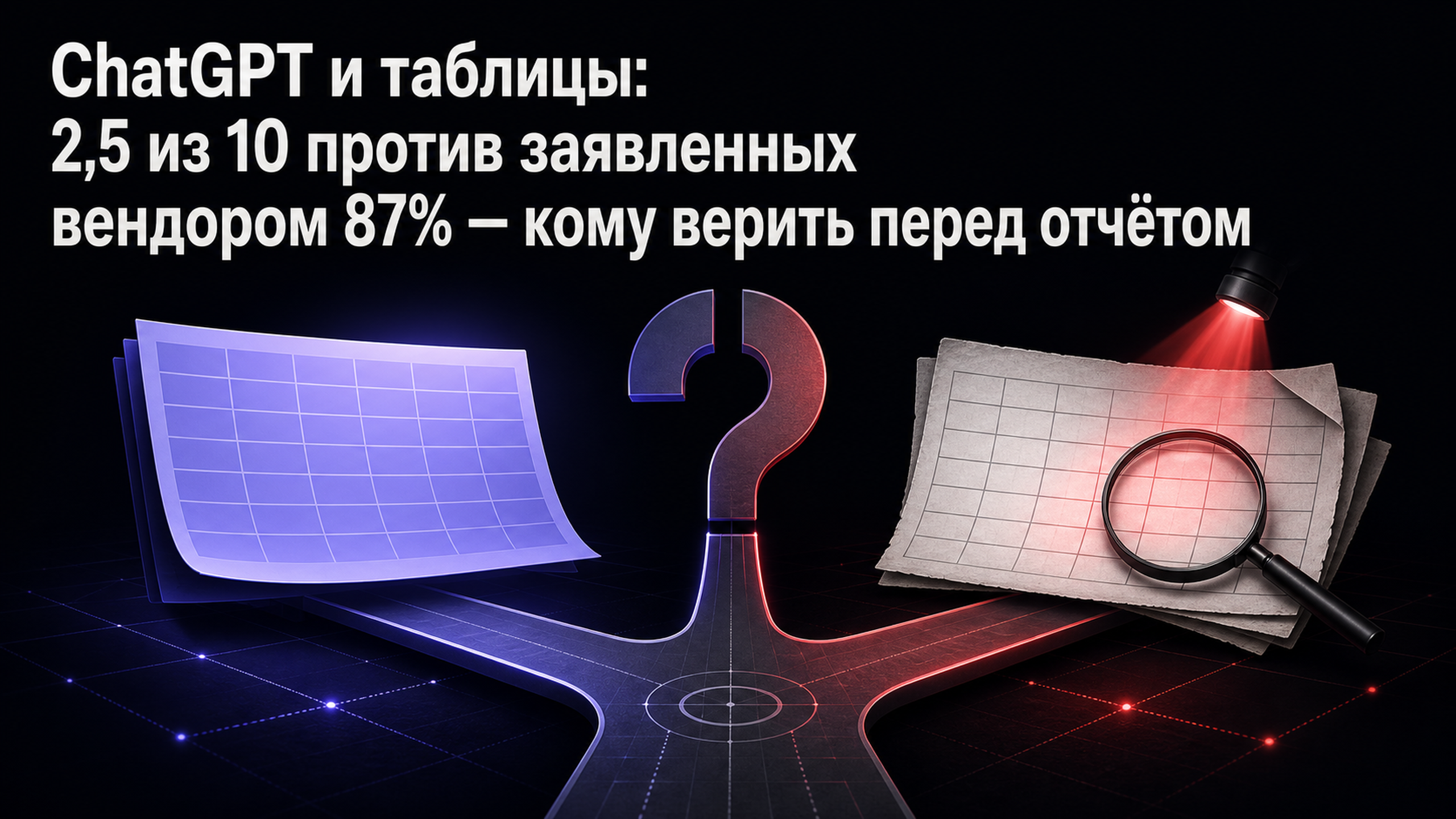 Обложка статьи: ChatGPT и таблицы: 2,5 из 10 против заявленных вендором 87% — кому верить перед отчётом