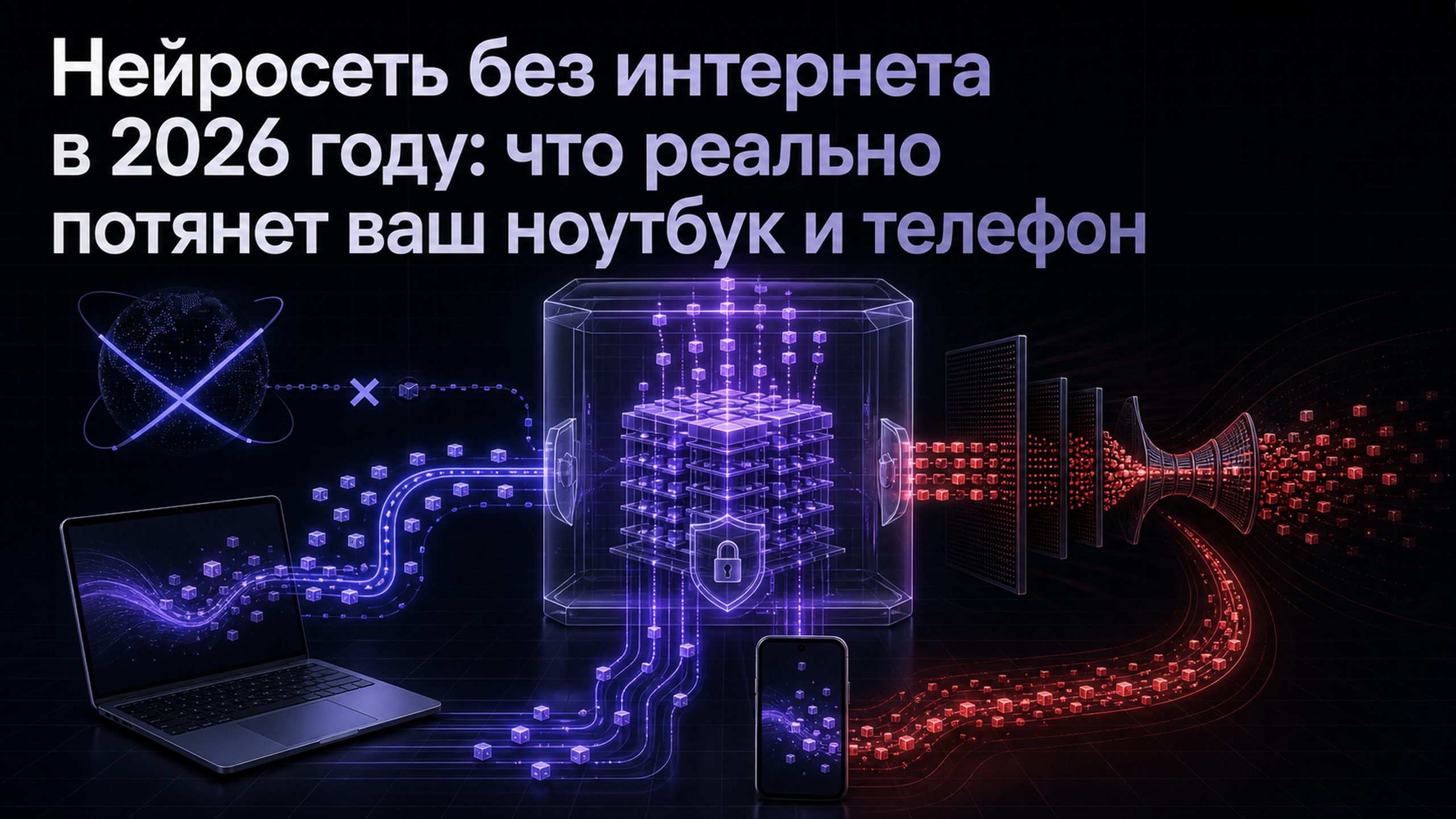 Обложка статьи: Нейросеть без интернета в 2026 году: что реально потянет ваш ноутбук и телефон