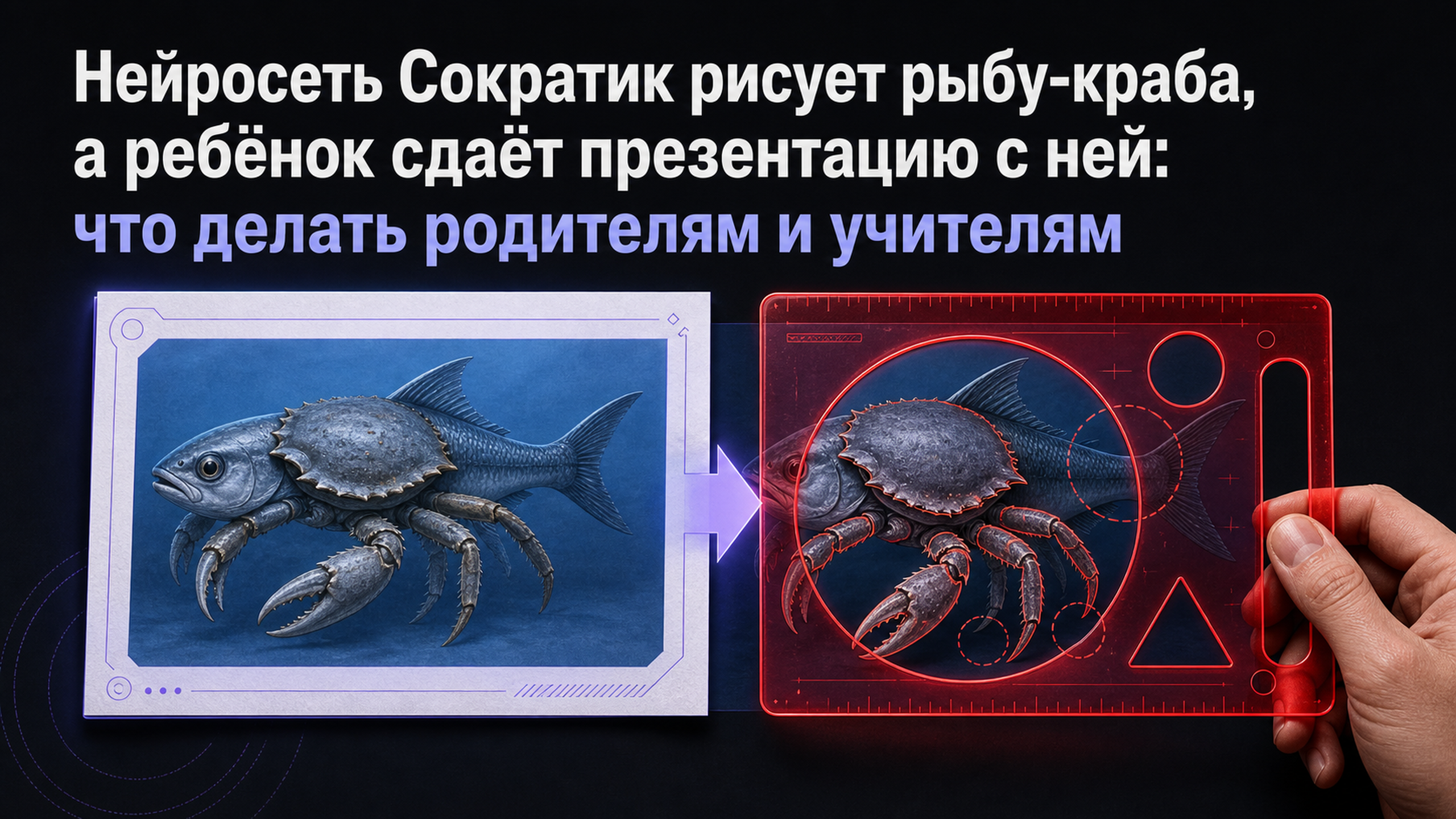 Обложка статьи: Нейросеть Сократик рисует рыбу-краба, а ребёнок сдаёт презентацию с ней: что делать родителям и учителям