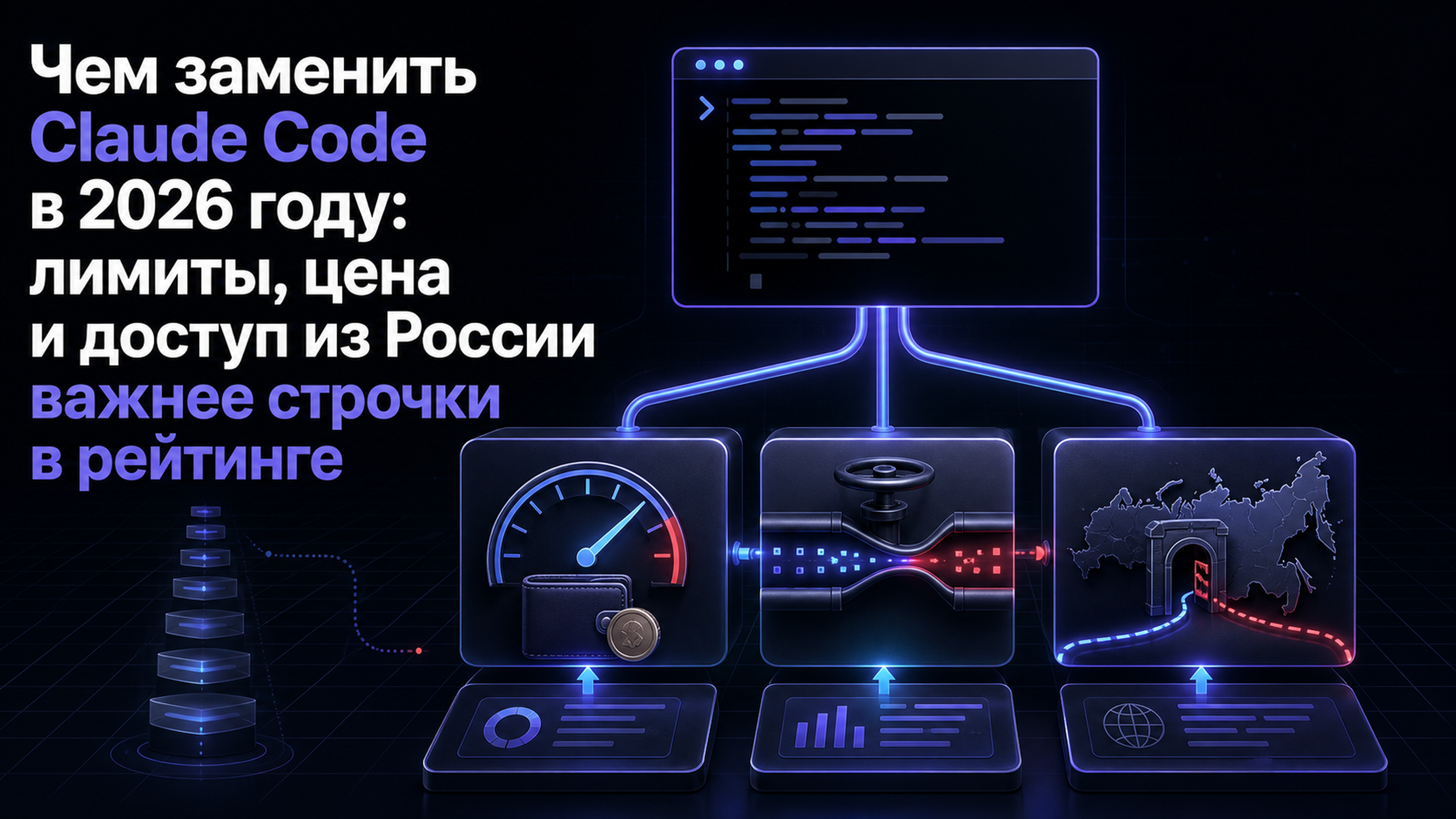 Обложка статьи: Чем заменить Claude Code в 2026 году: лимиты, цена и доступ из России важнее строчки в рейтинге