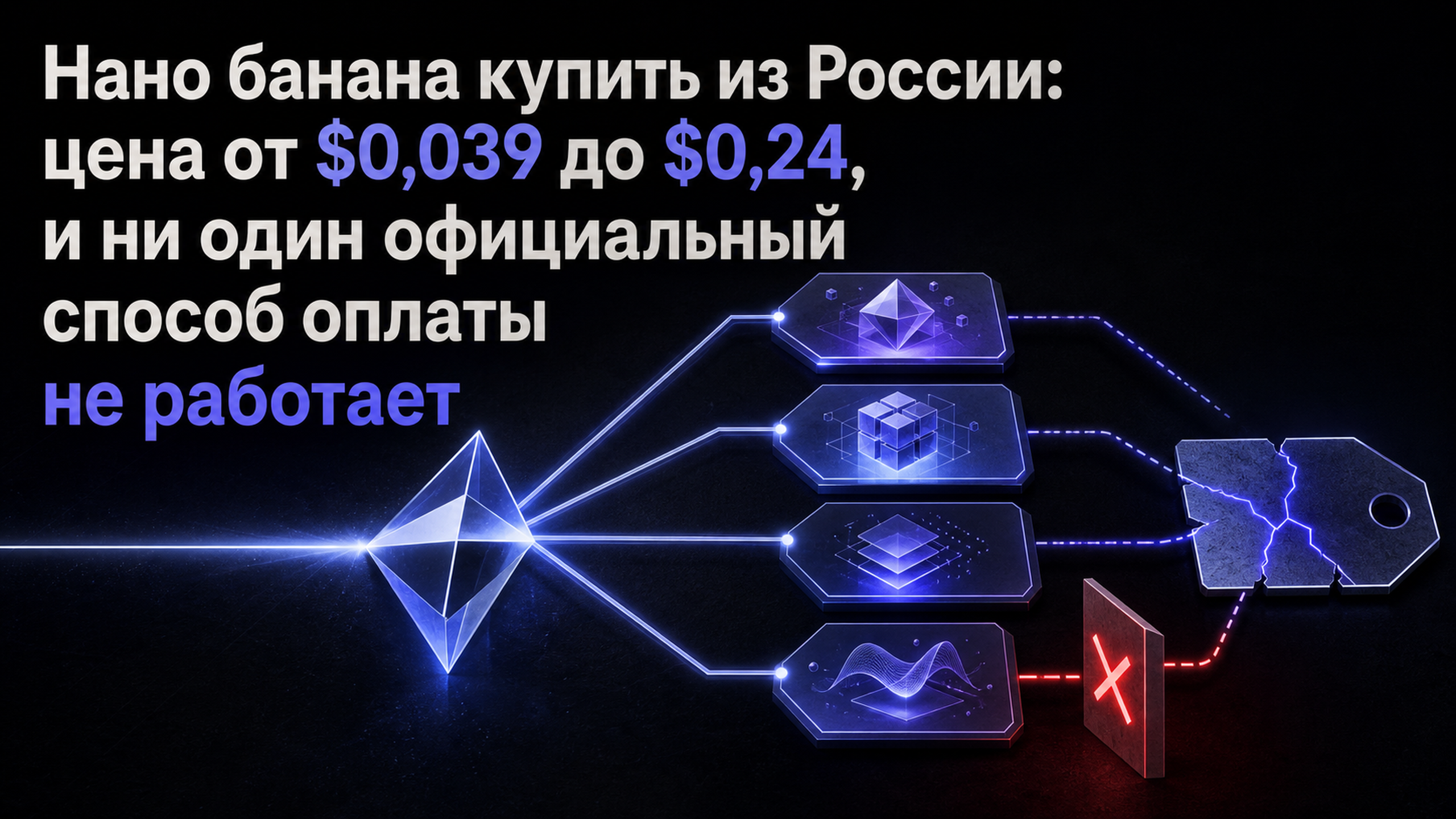 Обложка статьи: Нано банана купить из России: цена от $0,039 до $0,24, и ни один официальный способ оплаты не работает