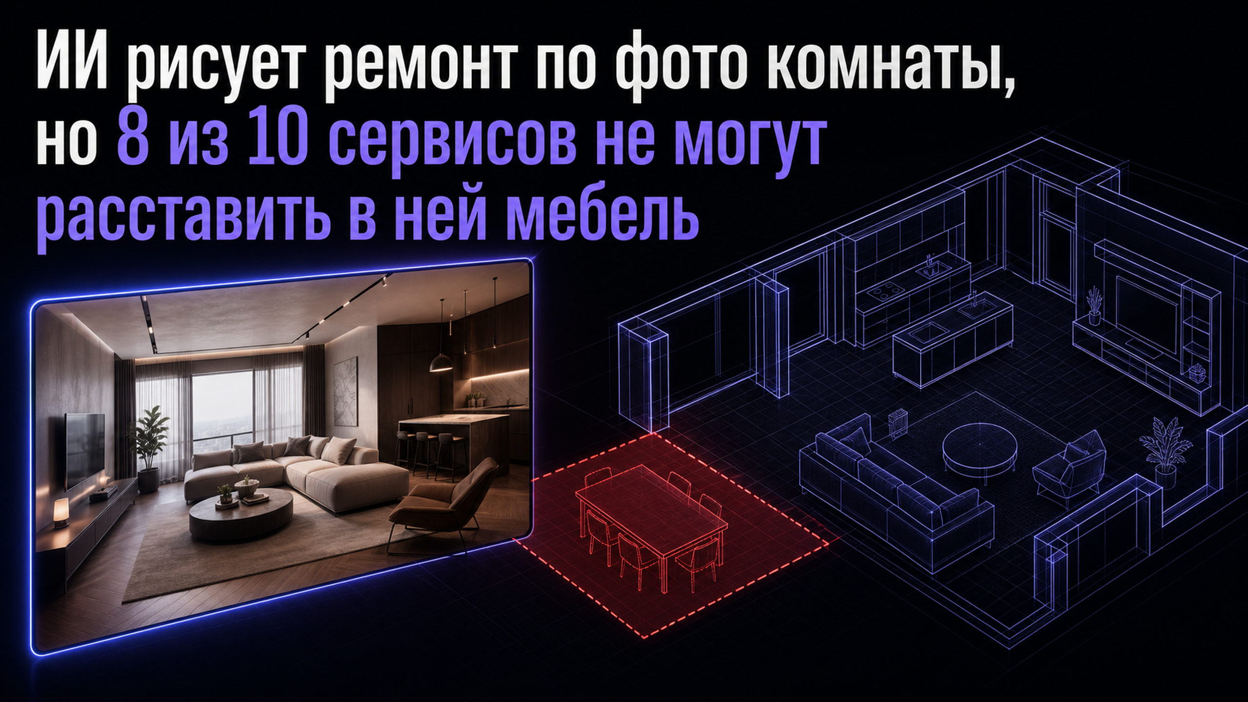 Обложка статьи: ИИ рисует ремонт по фото комнаты, но 8 из 10 сервисов не могут расставить в ней мебель