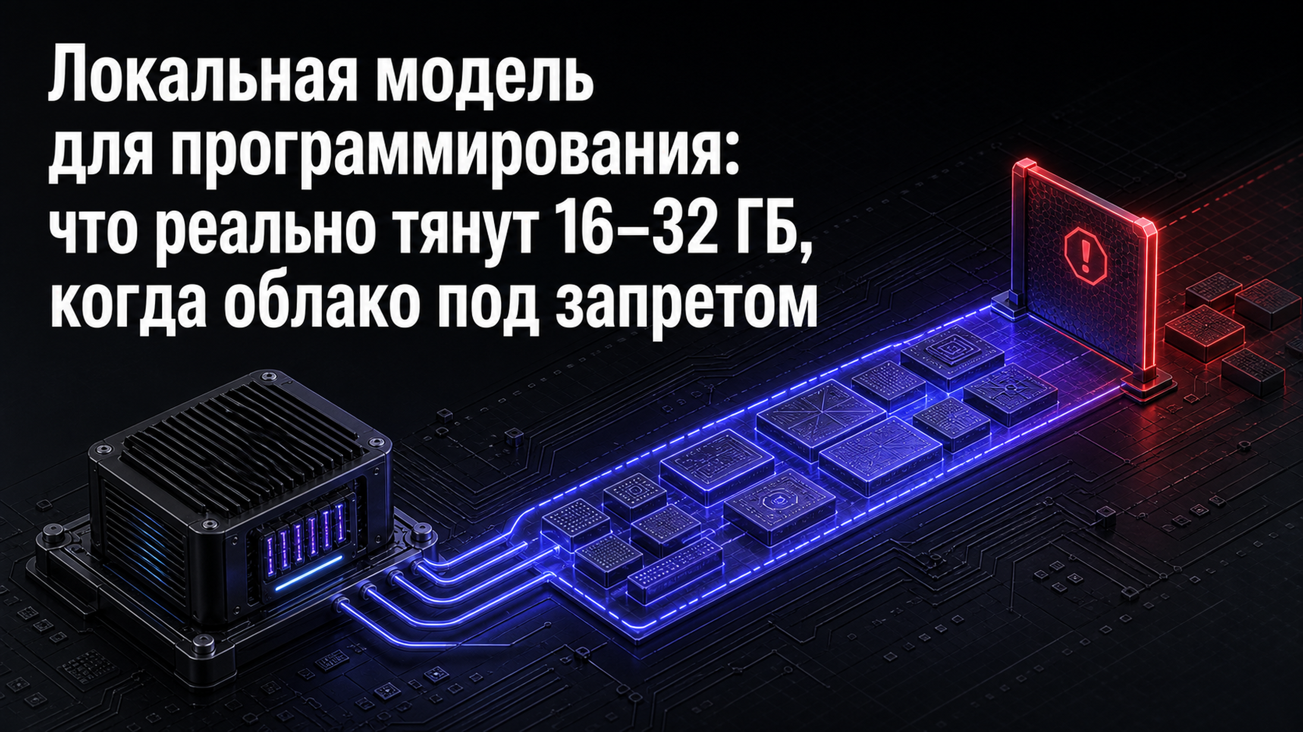 Обложка статьи: Локальная модель для программирования: что реально тянут 16–32 ГБ, когда облако под запретом