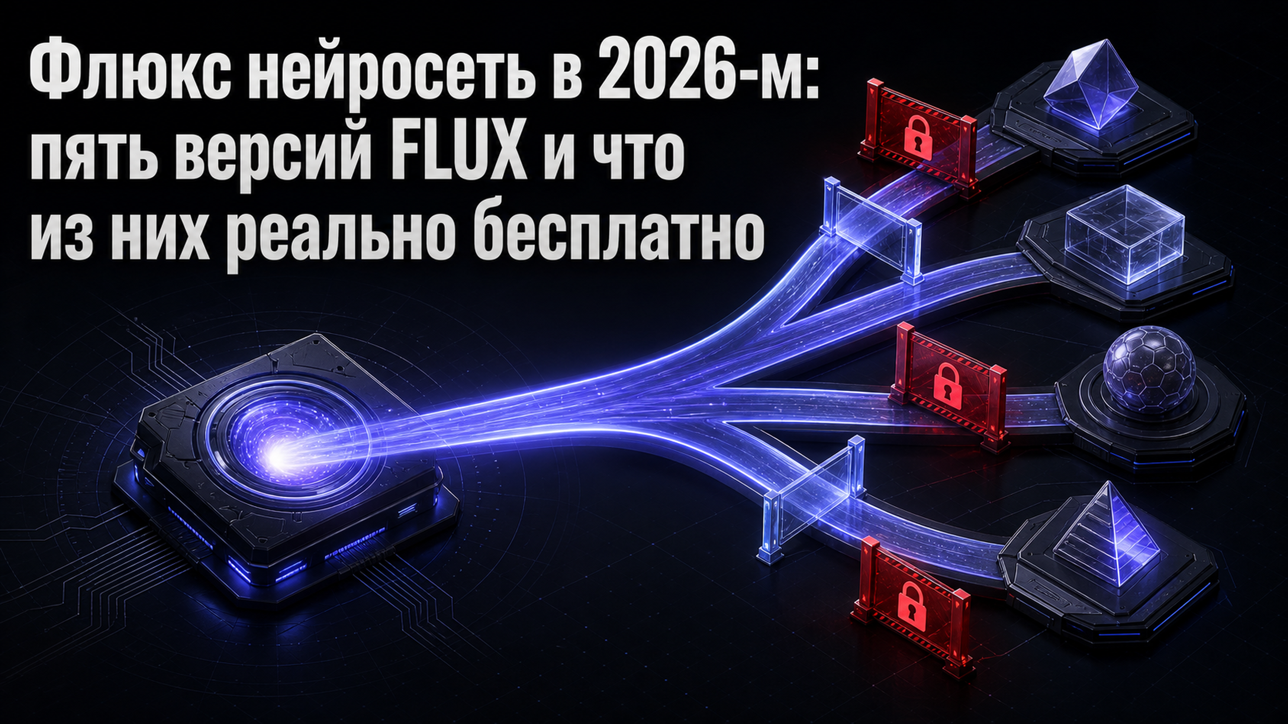 Обложка статьи: Флюкс нейросеть в 2026-м: пять версий FLUX и что из них реально бесплатно