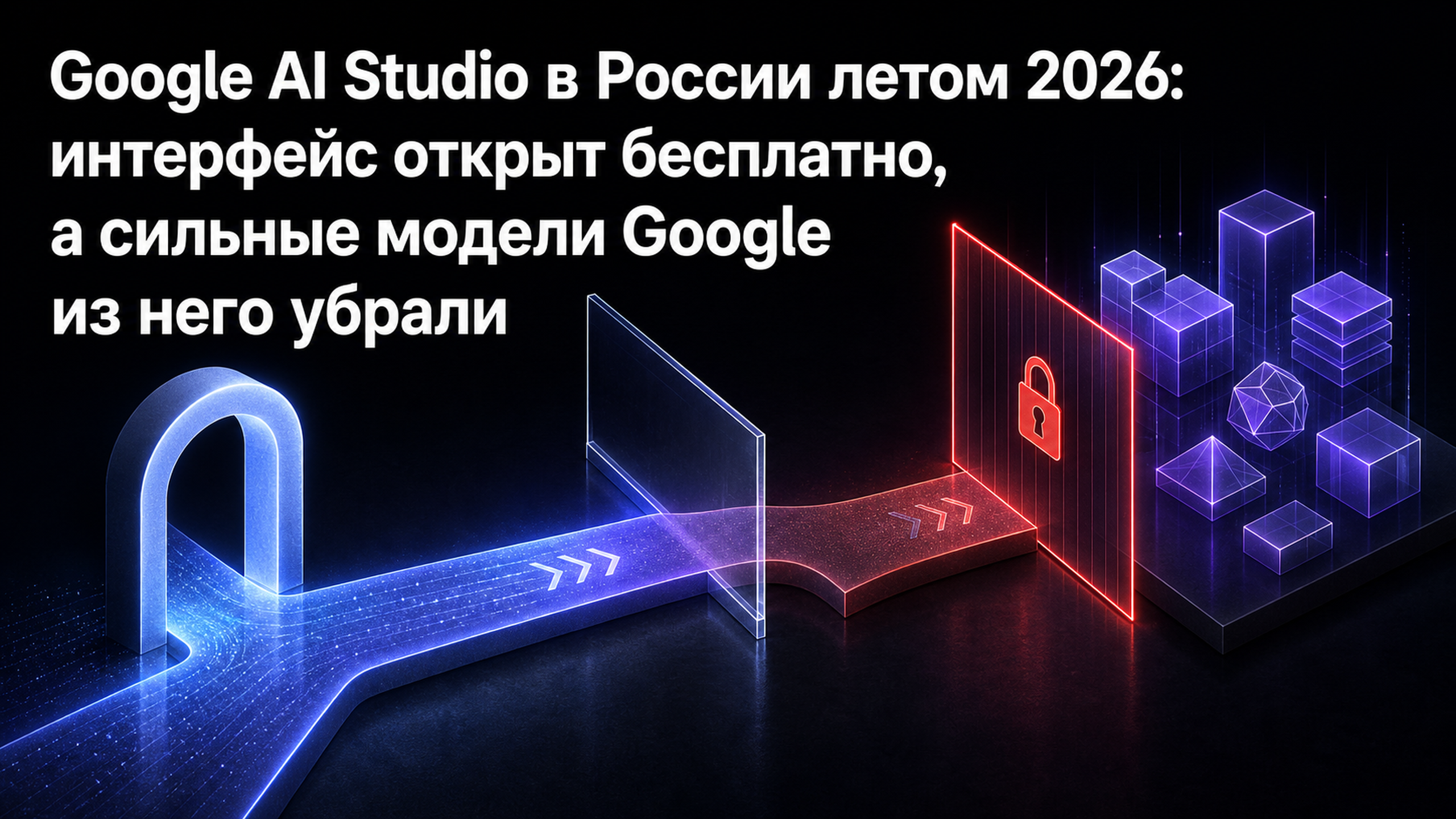 Обложка статьи: Google AI Studio в России летом 2026: интерфейс открыт бесплатно, а сильные модели Google из него убрали